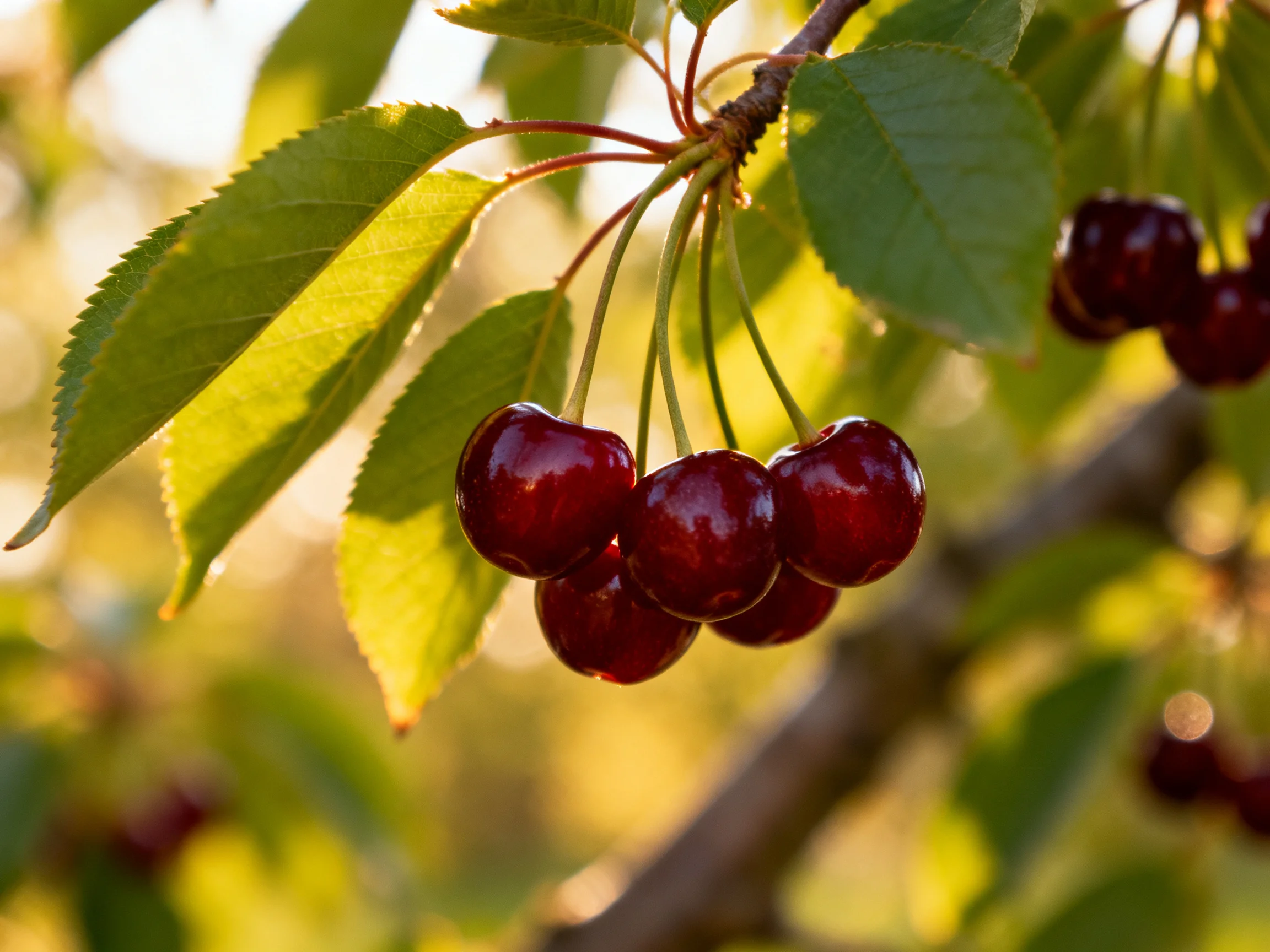 Ripe dark red cherries cluster on a cherry tree branch with green leaves