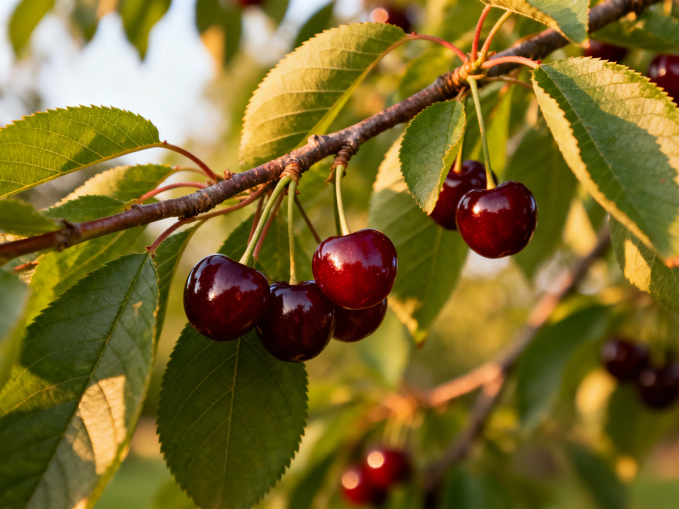 Ripe dark red cherries cluster on a leafy tree branch