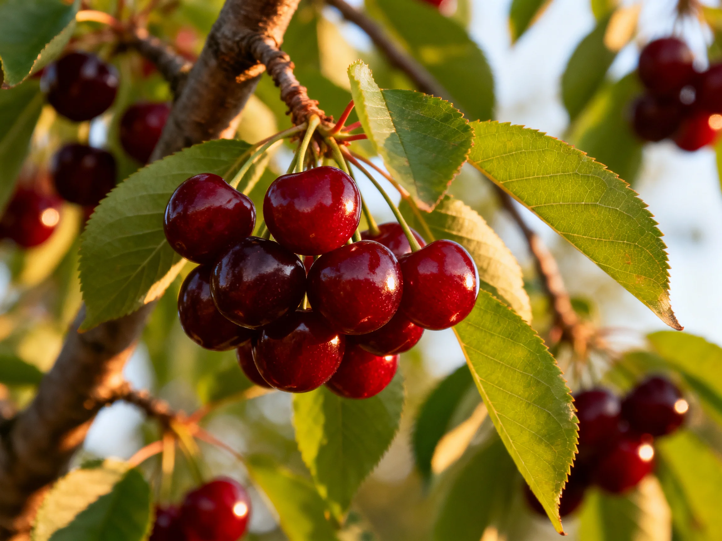 Ripe dark red cherries clustered on a cherry tree branch