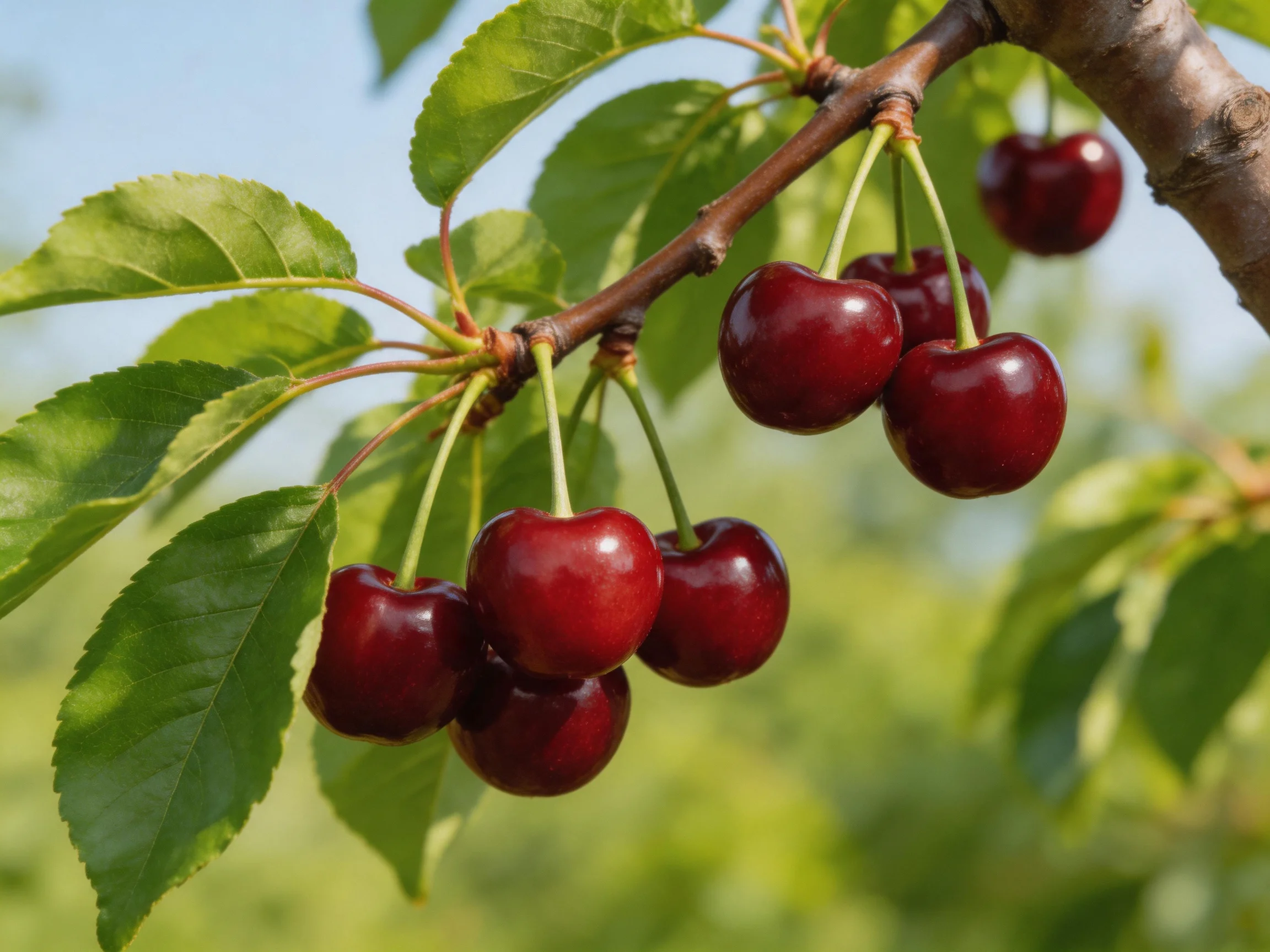 Ripe dark red cherries hang from a branch with vibrant green leaves