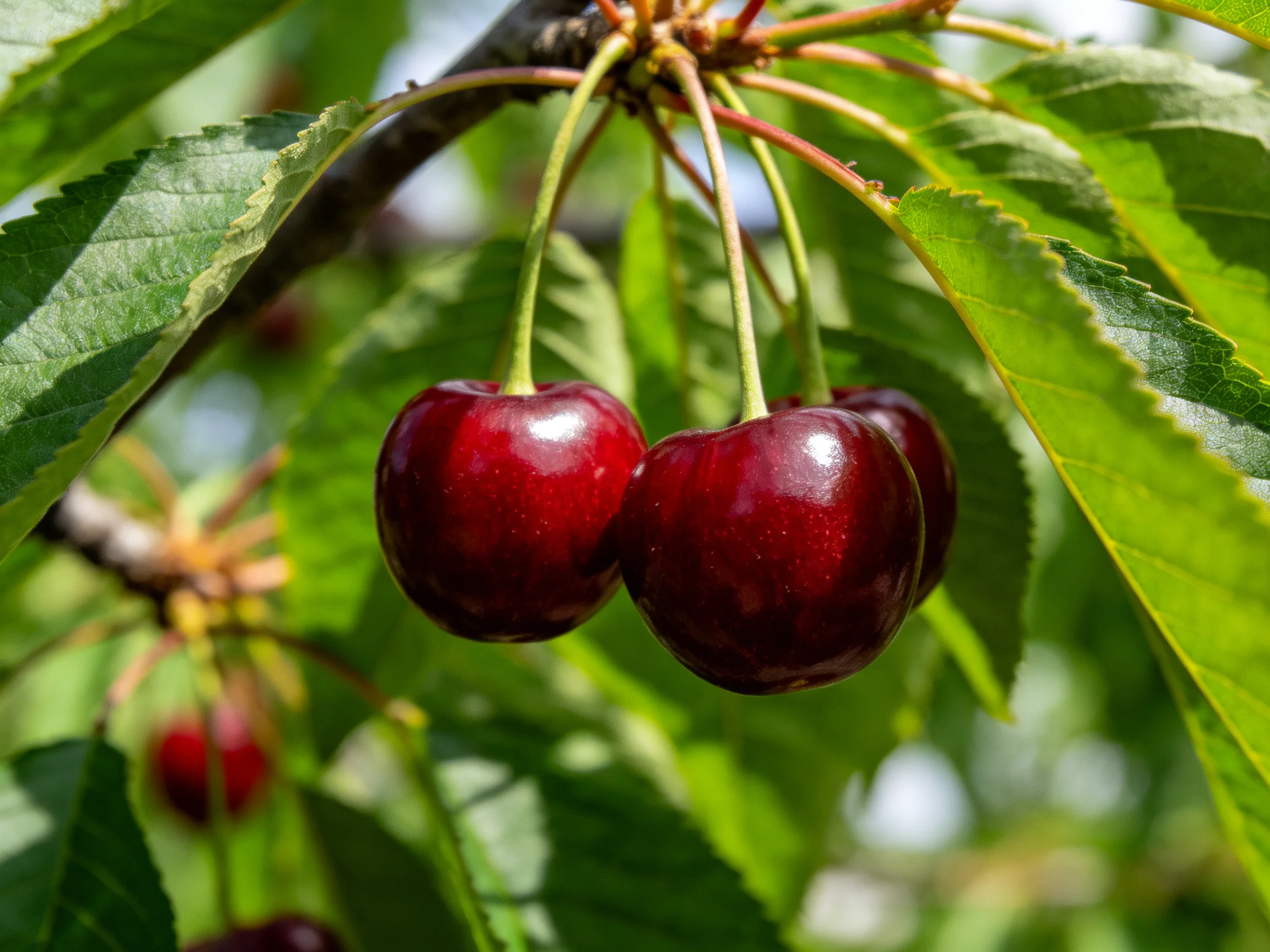 Ripe dark red cherries hang from a cherry tree branch