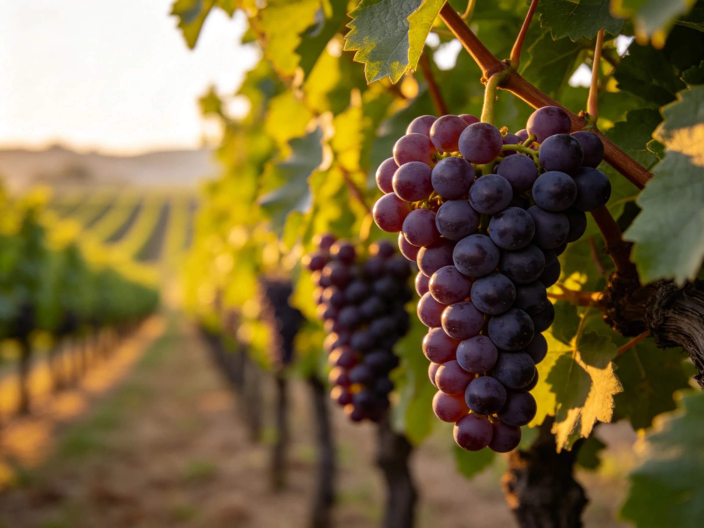 Ripe deep-purple grapes hang in a sunlit vineyard row