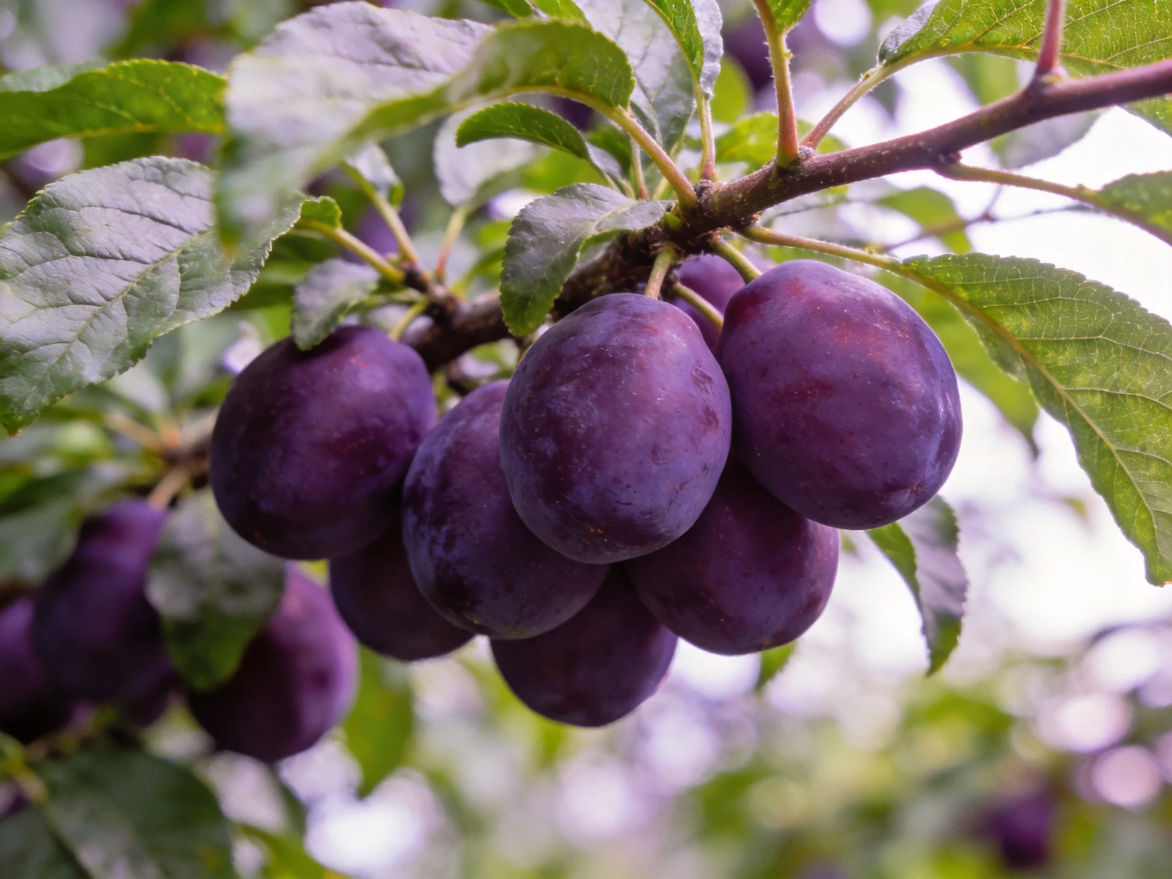 Ripe deep-purple plums cluster on a leafy tree branch