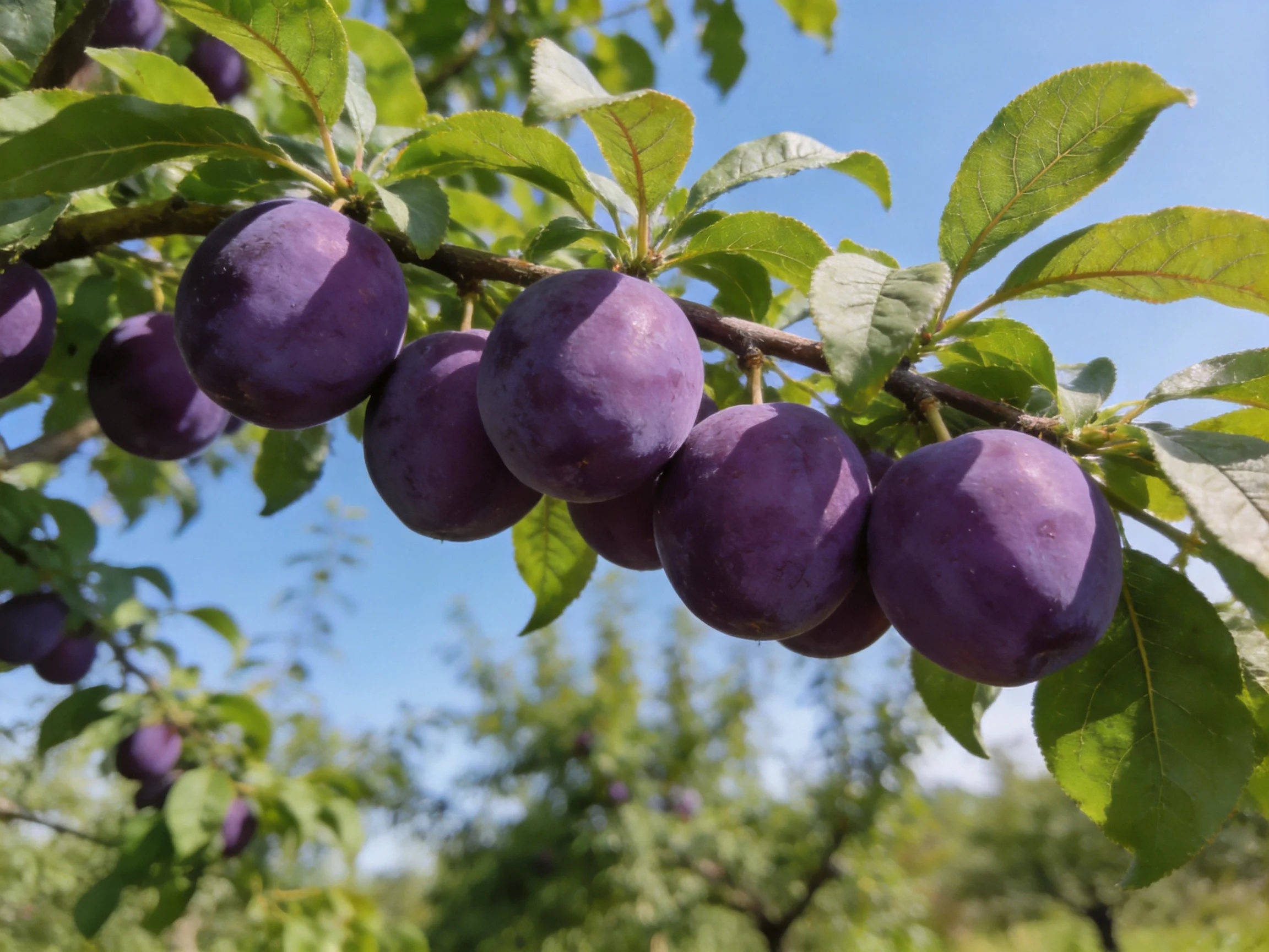 Ripe deep-purple plums hang from a tree branch with lush green leaves