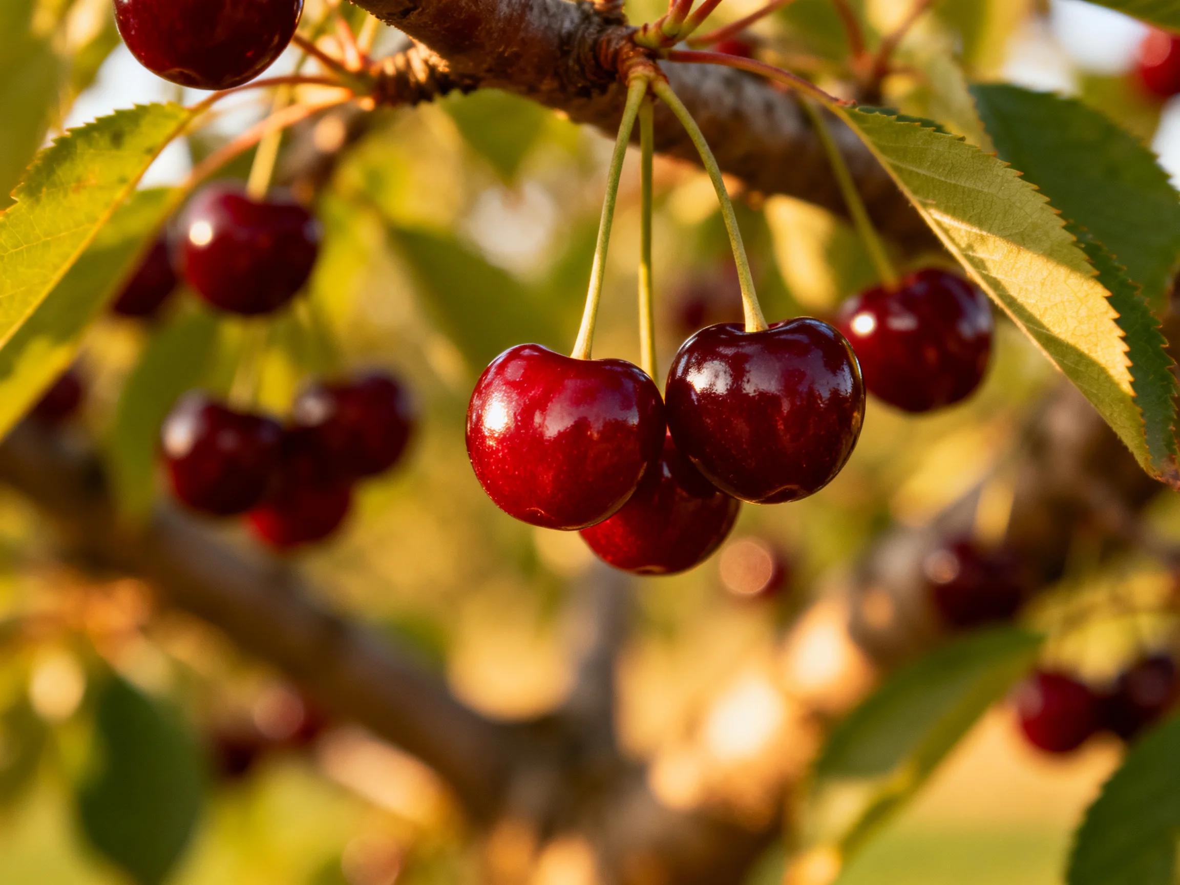 Ripe deep red cherries cluster on a tree branch with green leaves