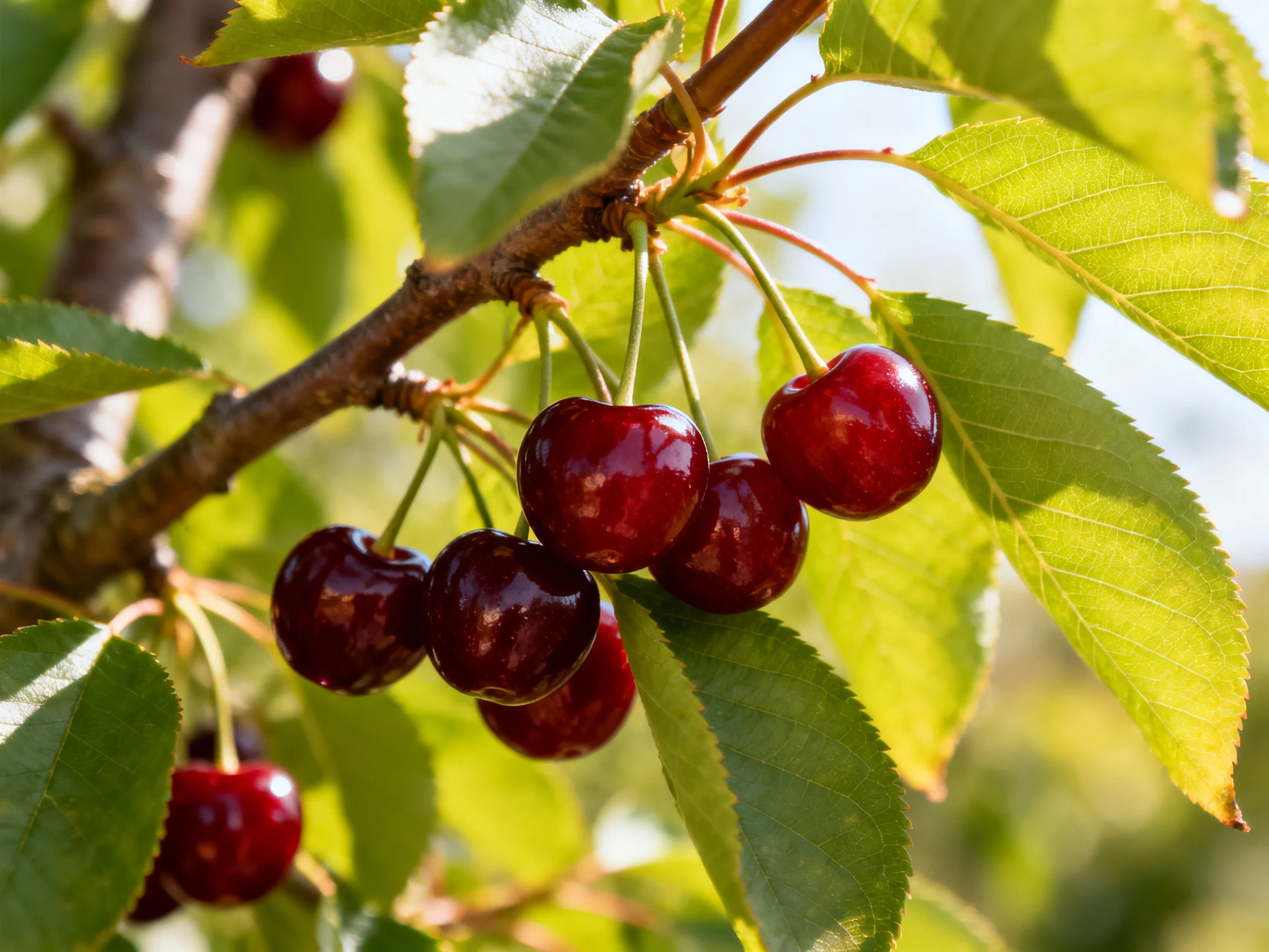 Ripe deep red cherries cluster on a tree branch with vibrant green leaves