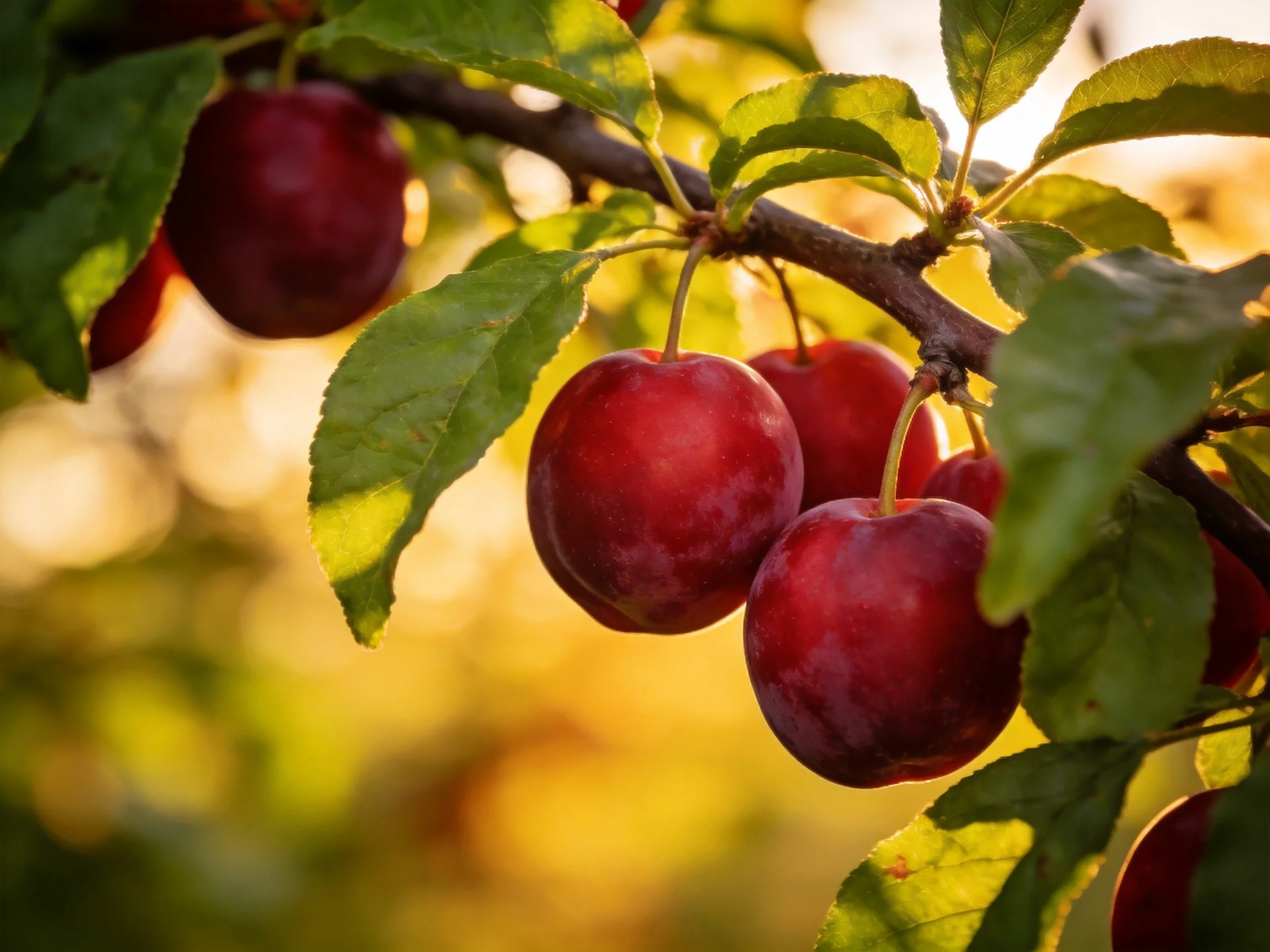 Ripe deep red plums grow on a tree branch with green leaves in golden sunlight