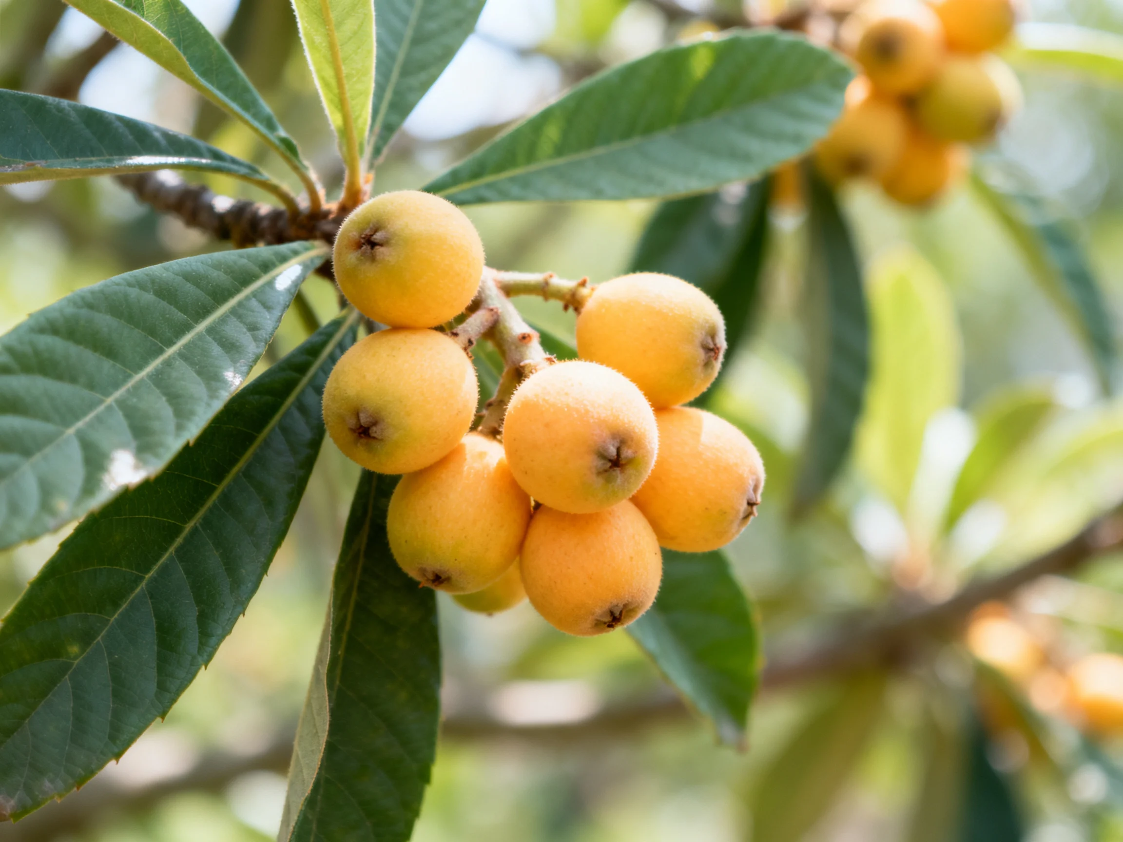 Ripe loquats in yellow-orange hues cluster among dark-green leaves