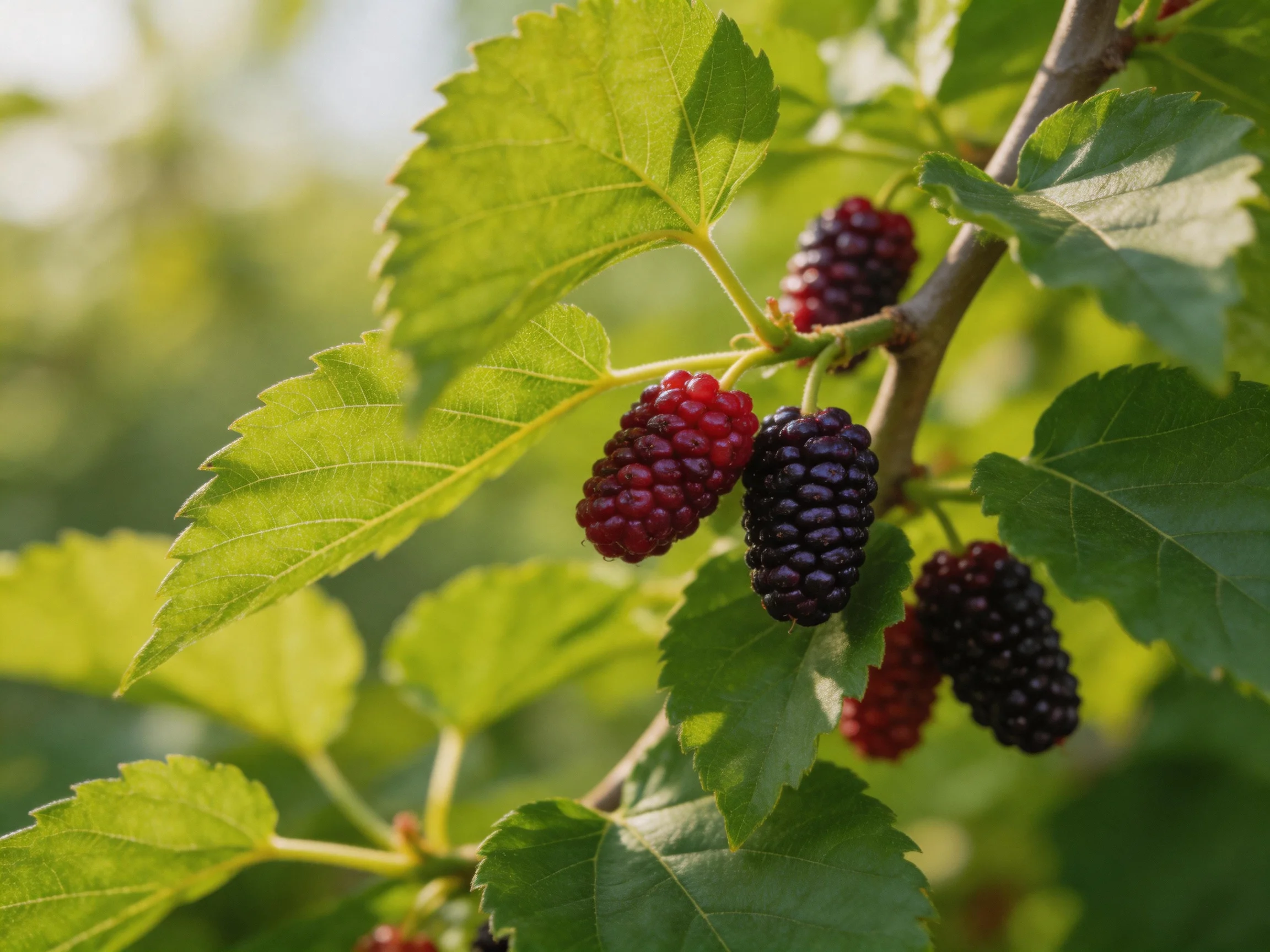 Ripe mulberries in red, purple, and black hang from lush green foliage
