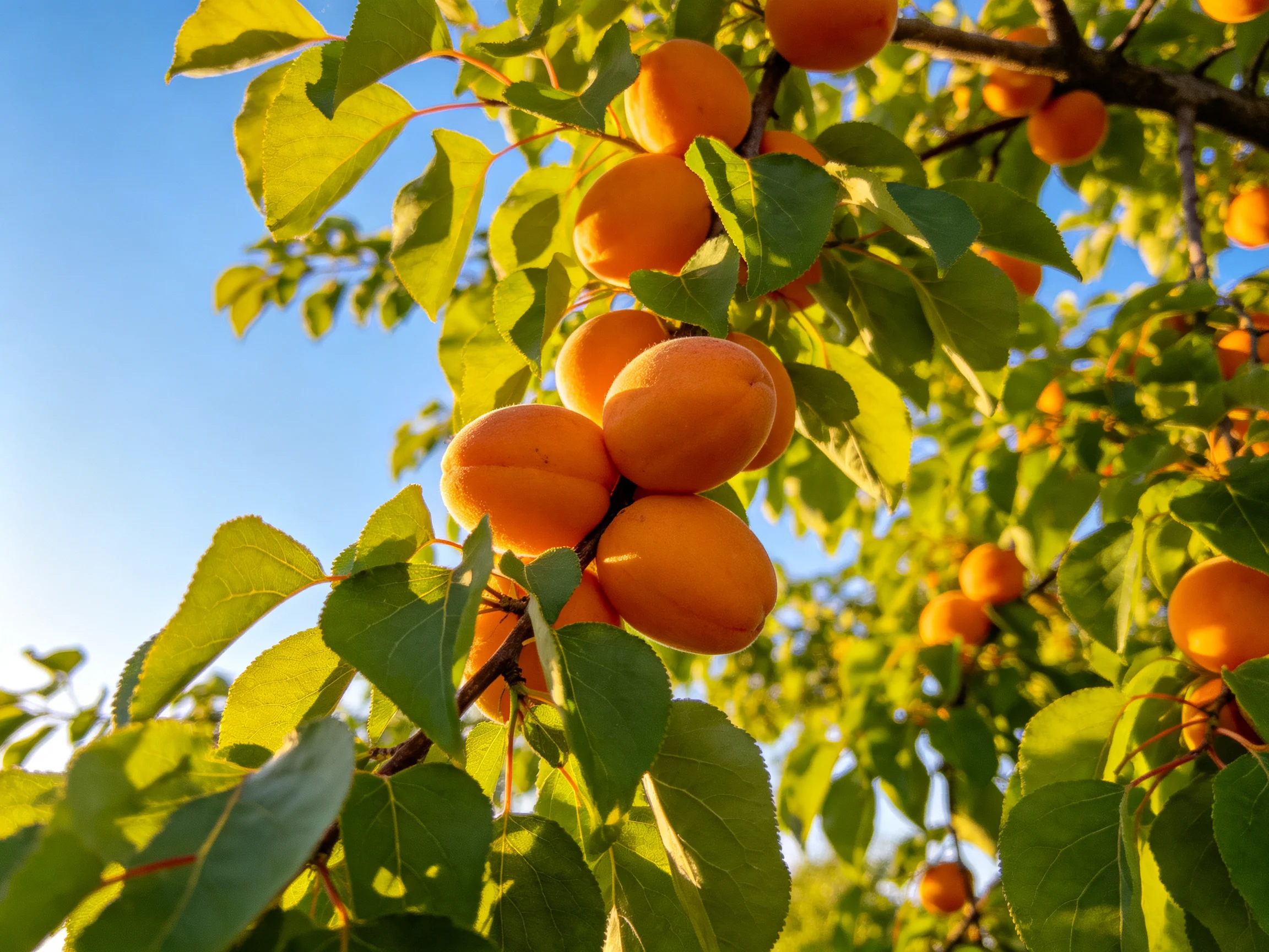 Ripe orange apricots cluster on a leafy tree branch under clear blue sky