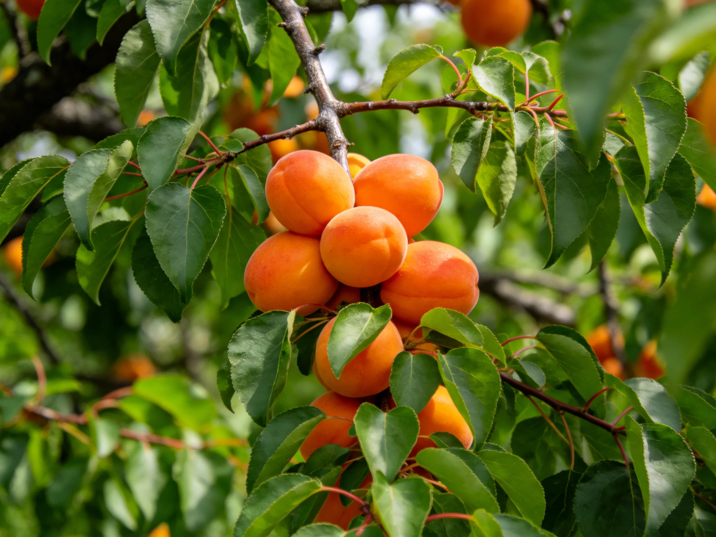 Ripe orange apricots clustered among lush green leaves
