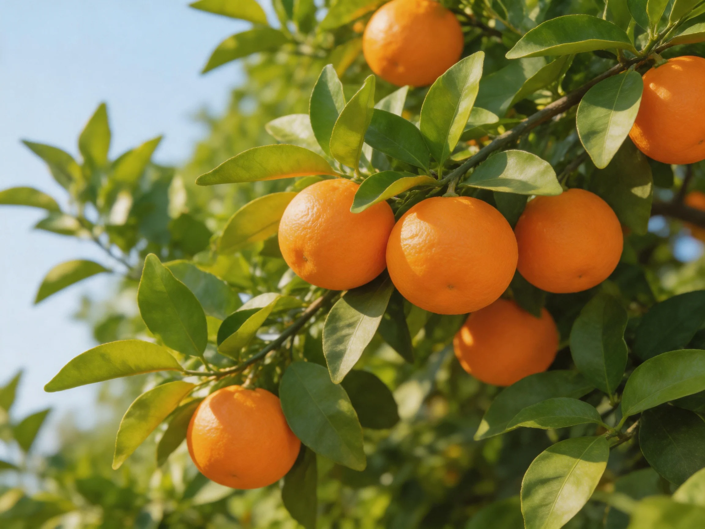 Ripe orange citrus fruits cluster on a leafy tree branch