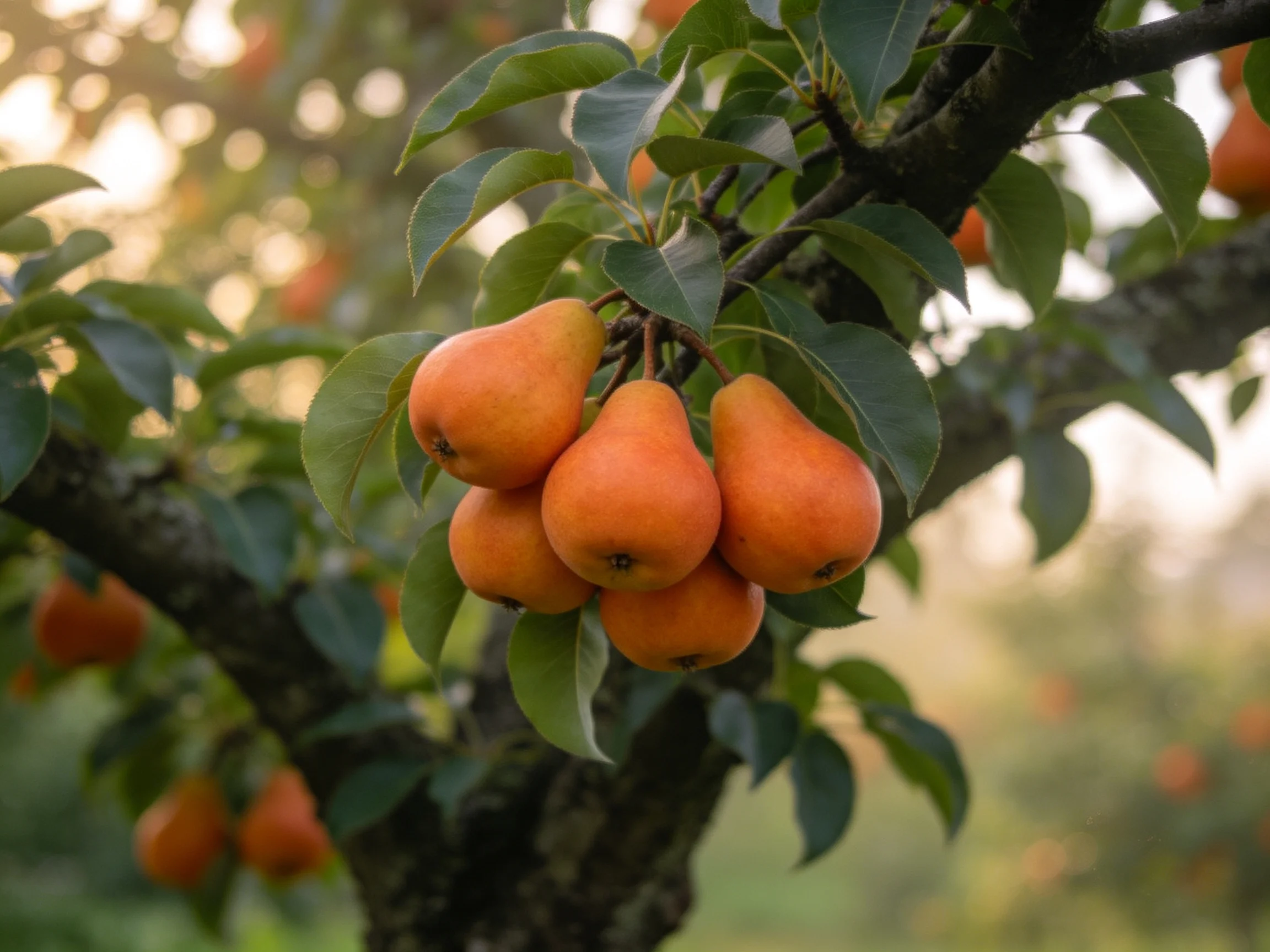 Ripe orange pears cluster on a leafy pear tree branch