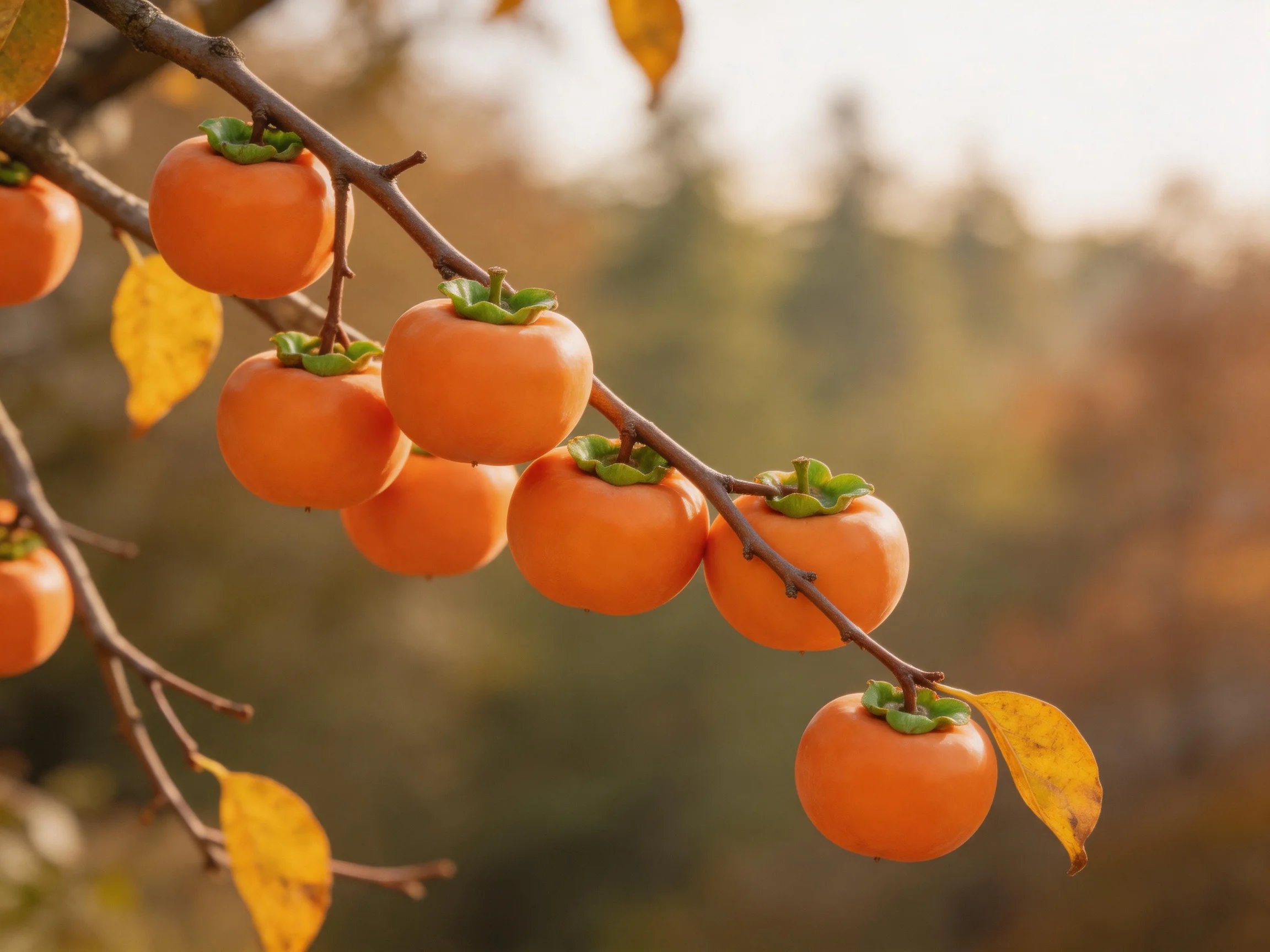 Ripe orange persimmons hang from branches amid golden leaves