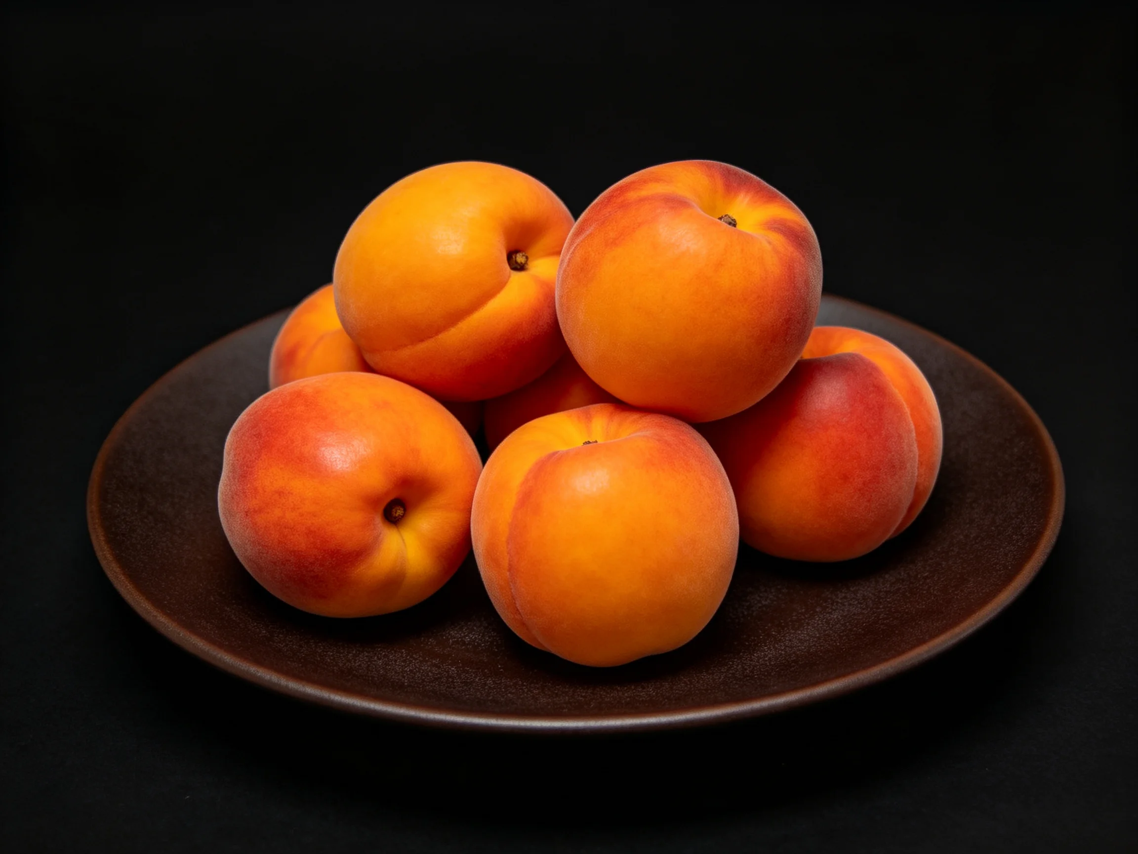 Ripe orange-red apricots clustered on a dark brown plate