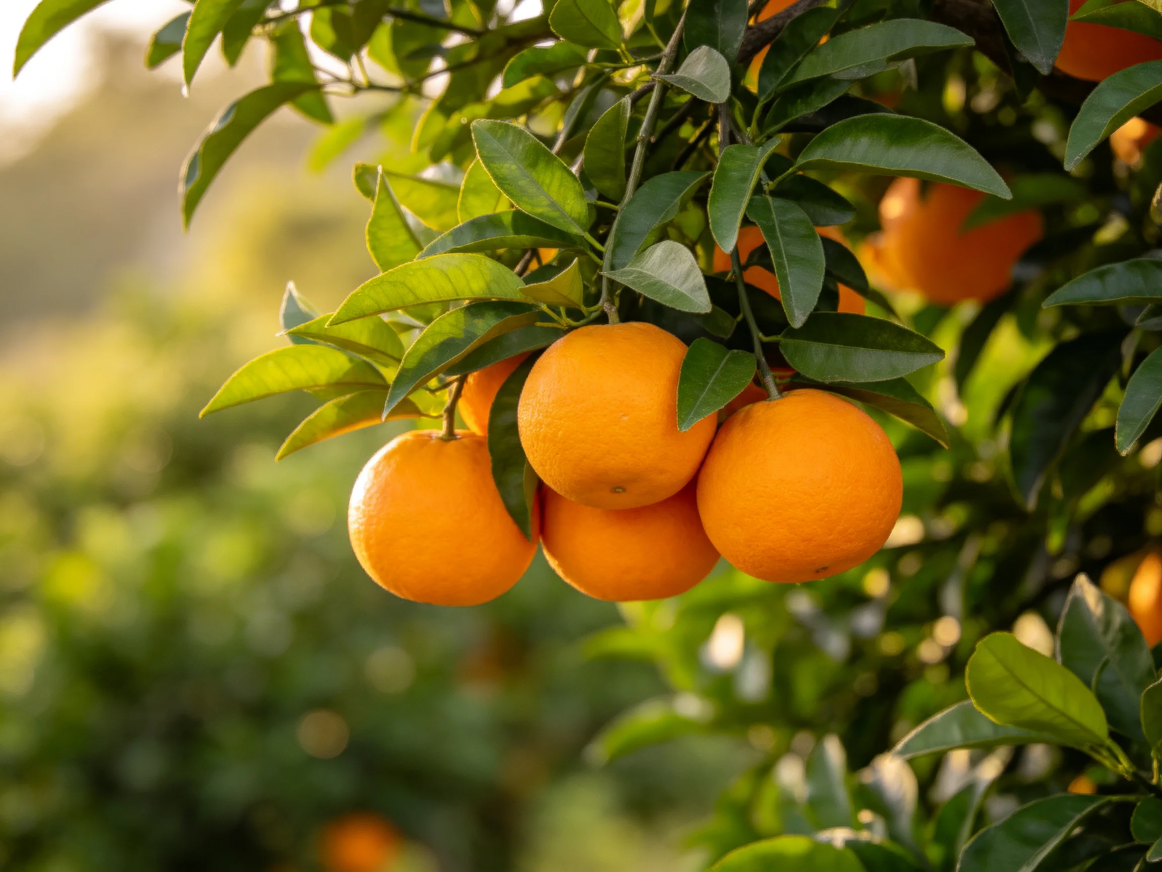 Ripe oranges cluster among glossy green citrus leaves