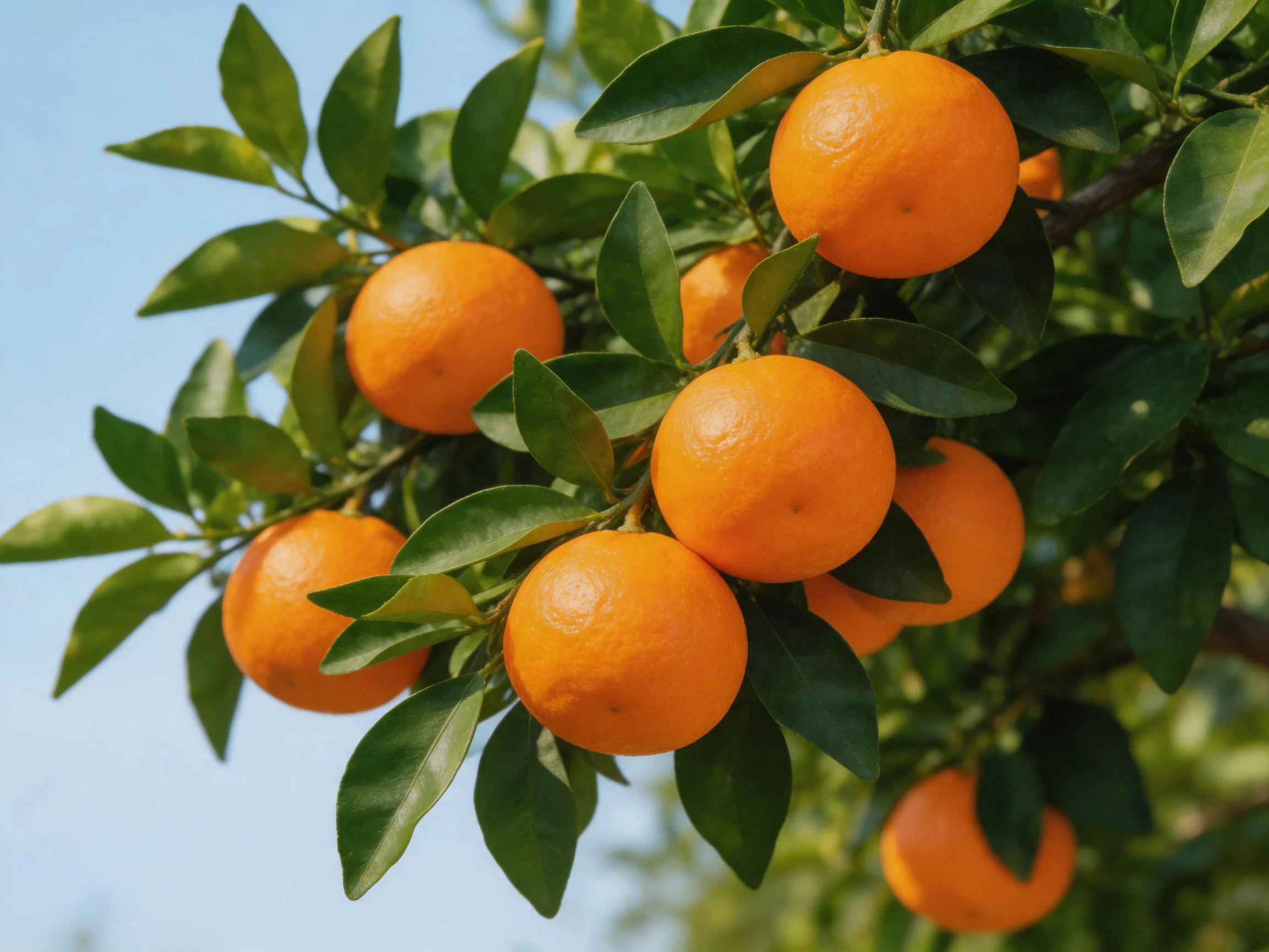 Ripe oranges cluster on a leafy citrus tree against a blue sky
