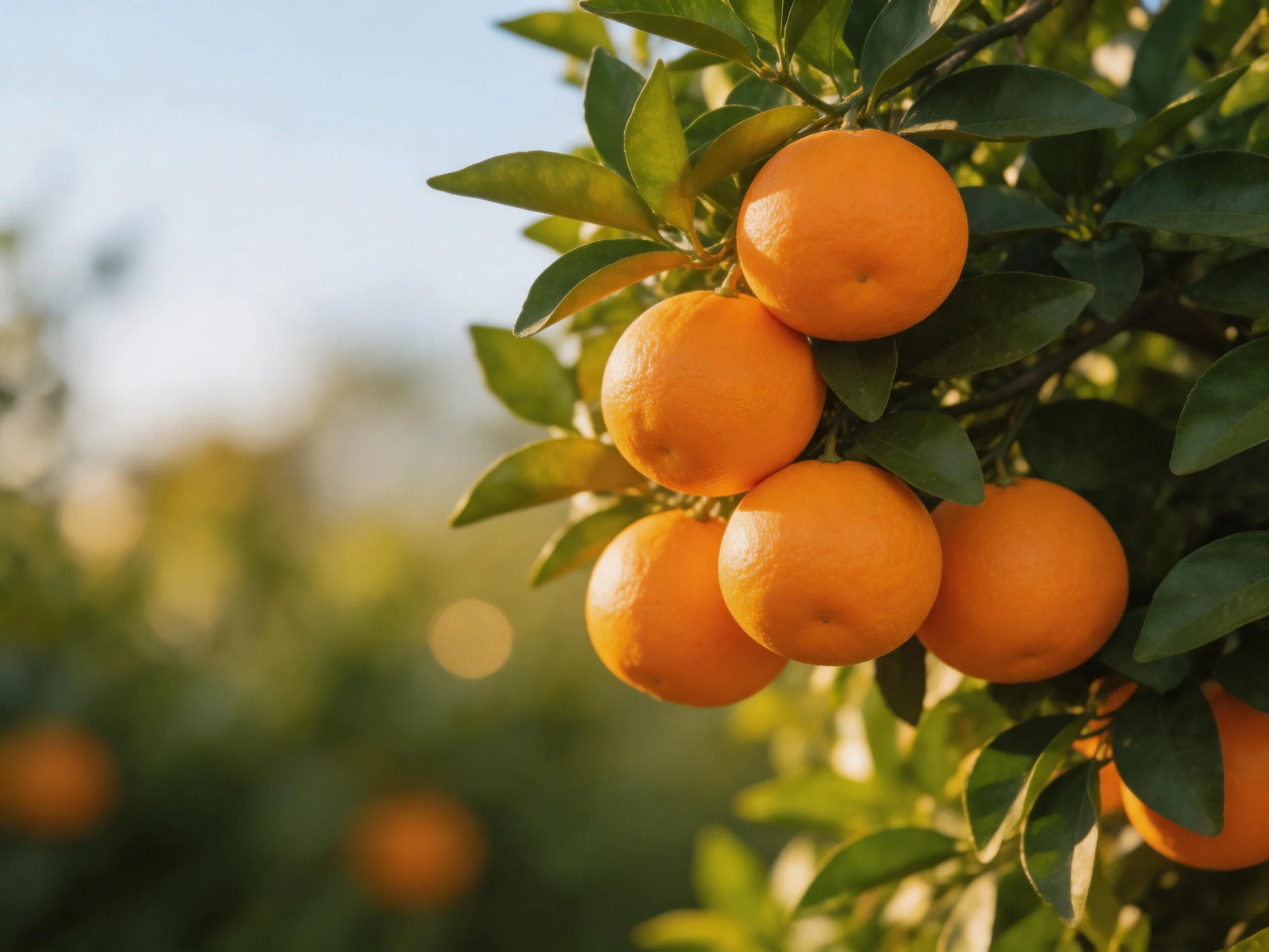 Ripe oranges cluster on a leafy citrus tree in bright sunlight