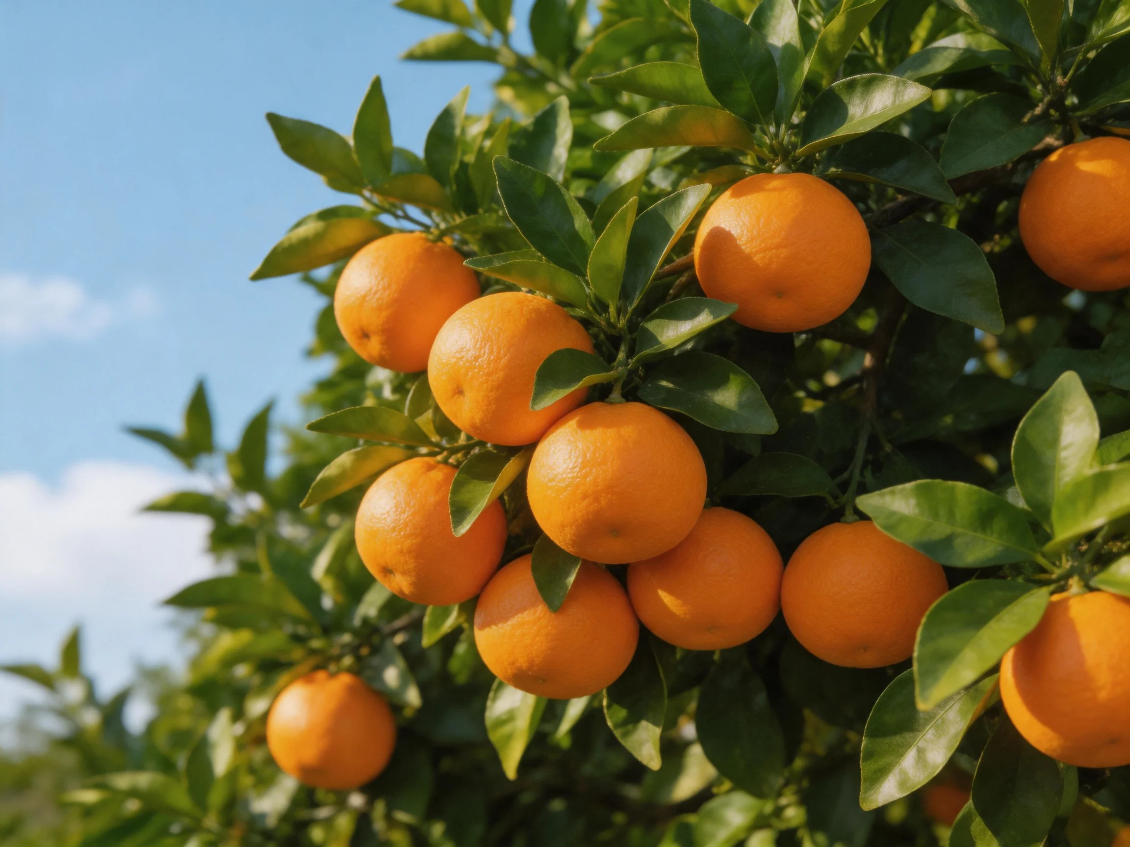 Ripe oranges cluster on a leafy tree against a clear blue sky