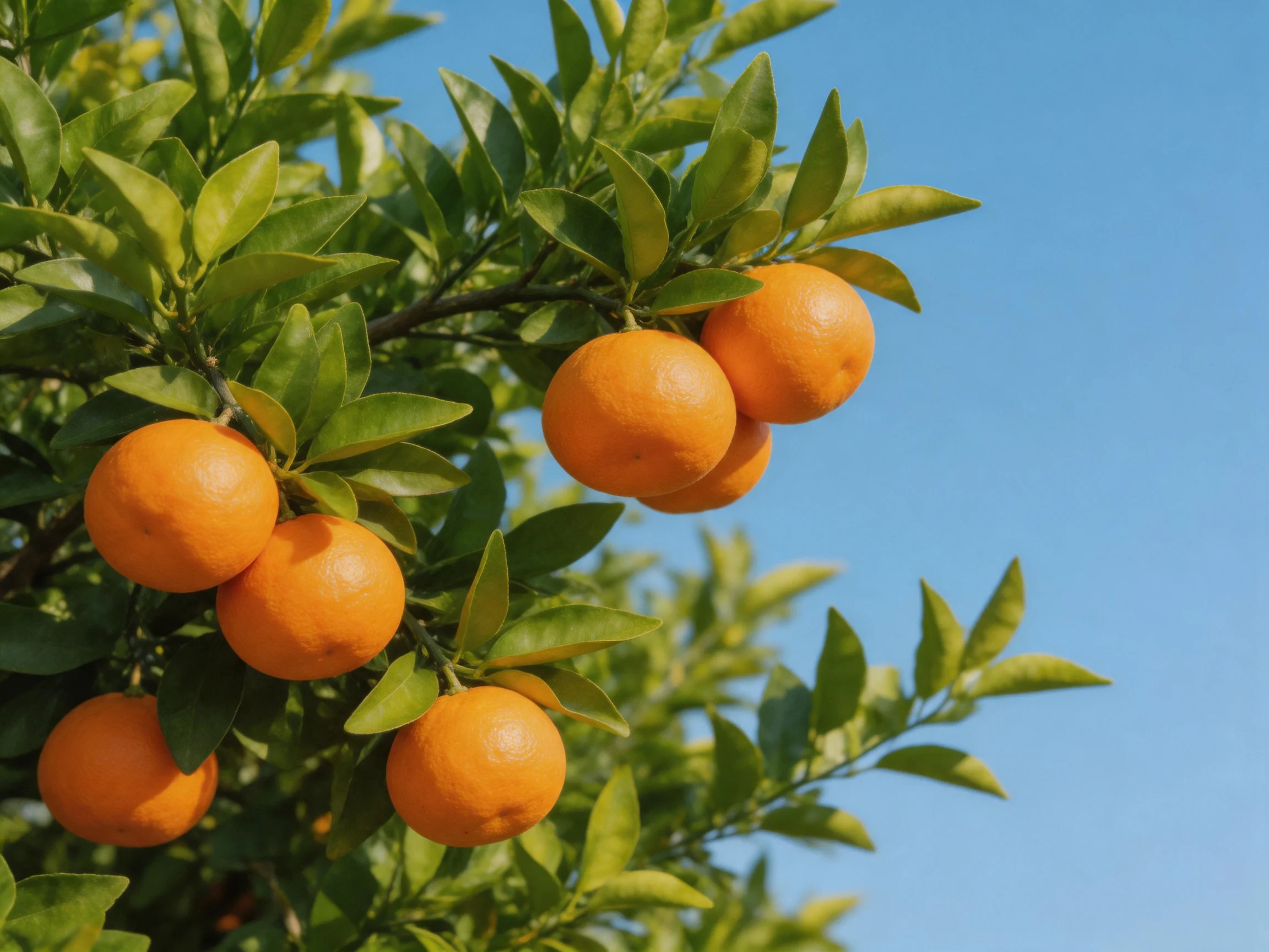 Ripe oranges cluster on a leafy tree against a clear blue sky