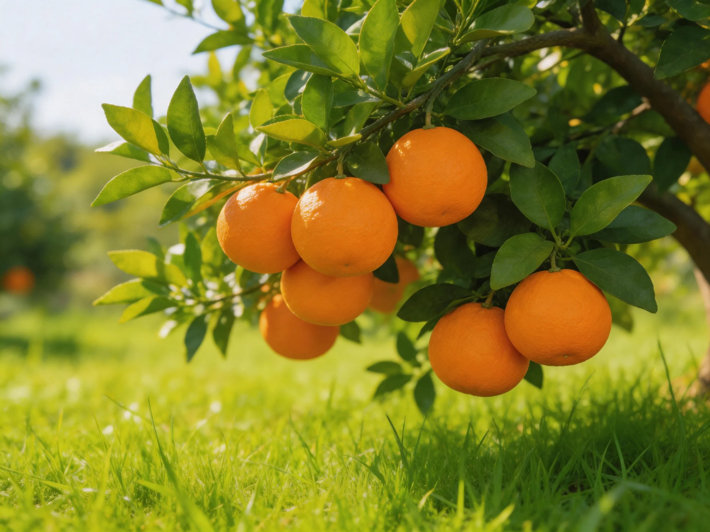 Ripe oranges cluster on a leafy tree amid lush green grass