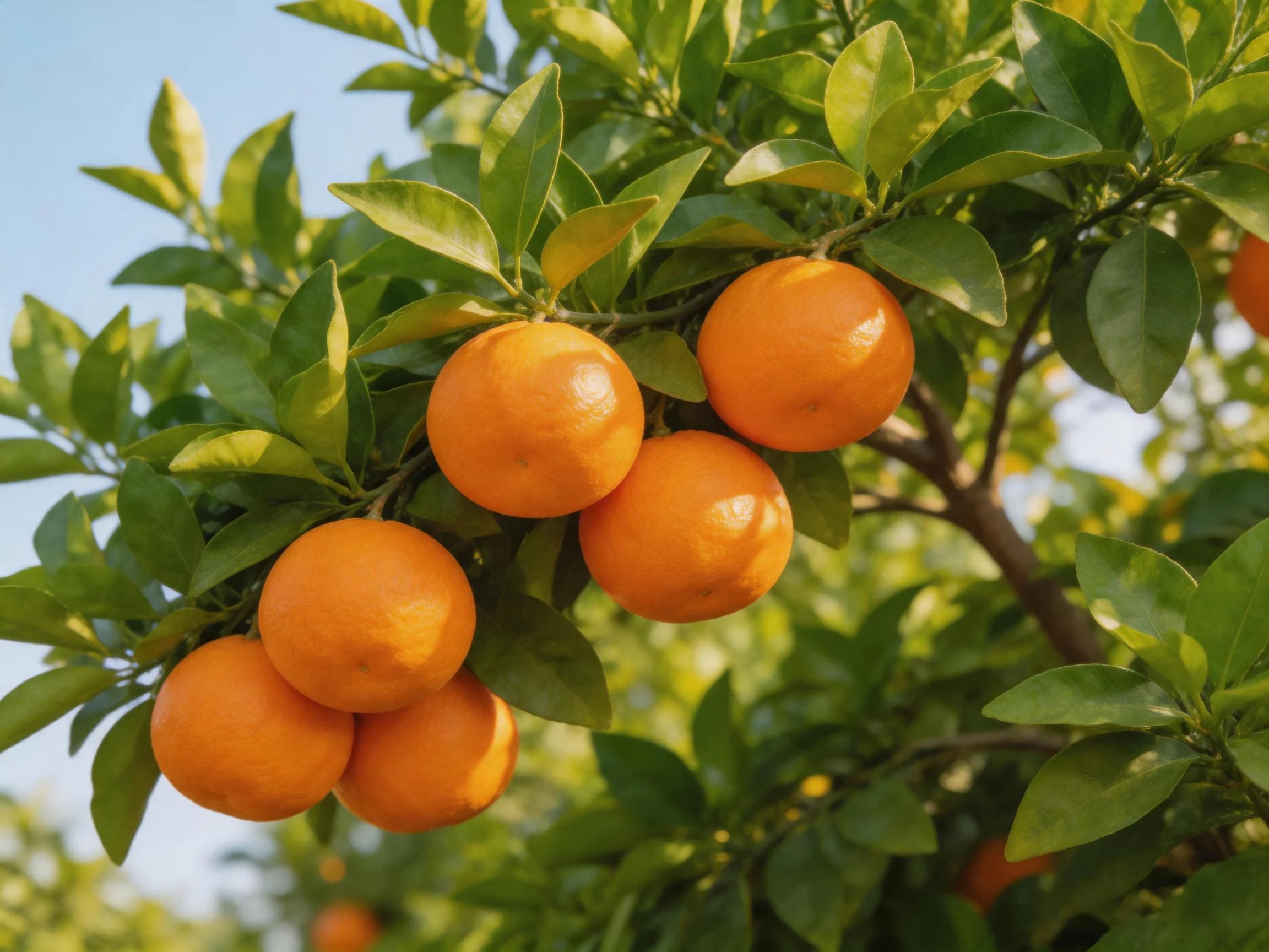 Ripe oranges cluster on a lush green citrus tree with bright sunlight