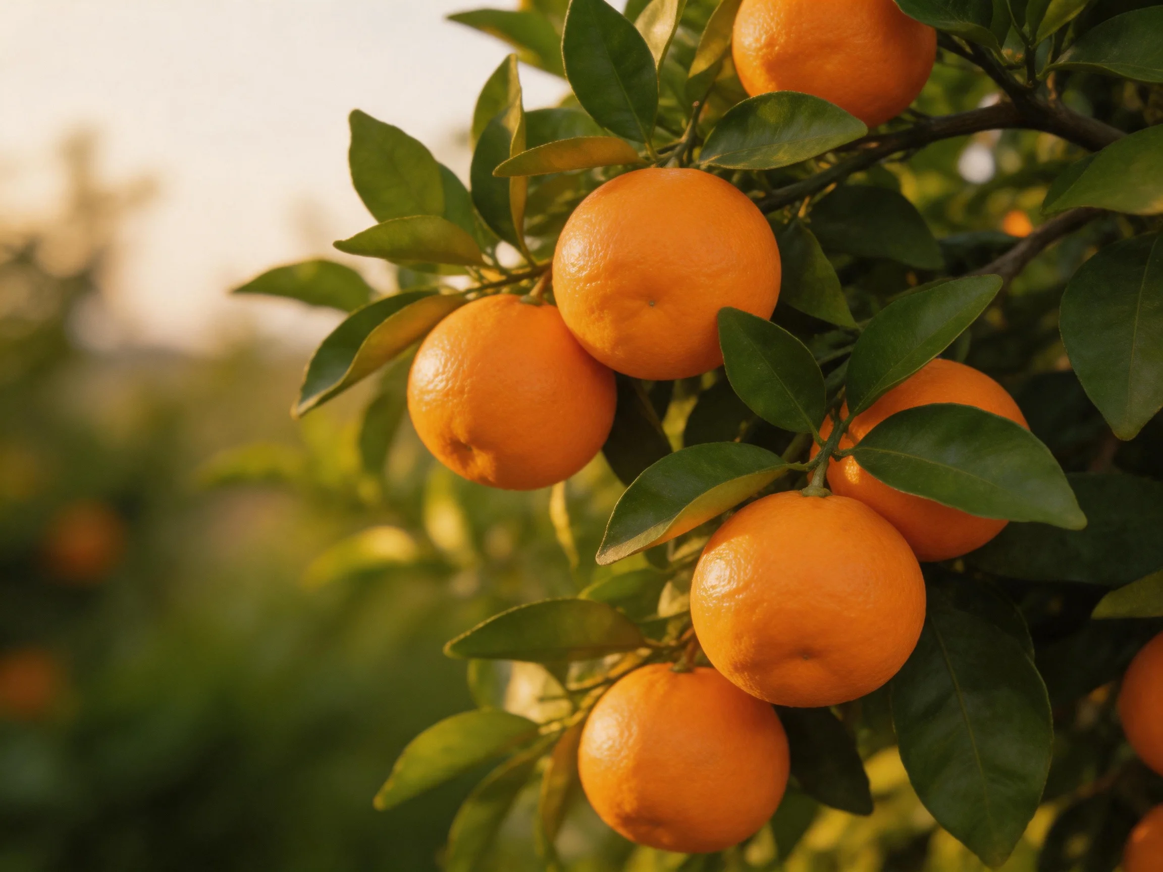 Ripe oranges cluster on a tree with glossy green leaves