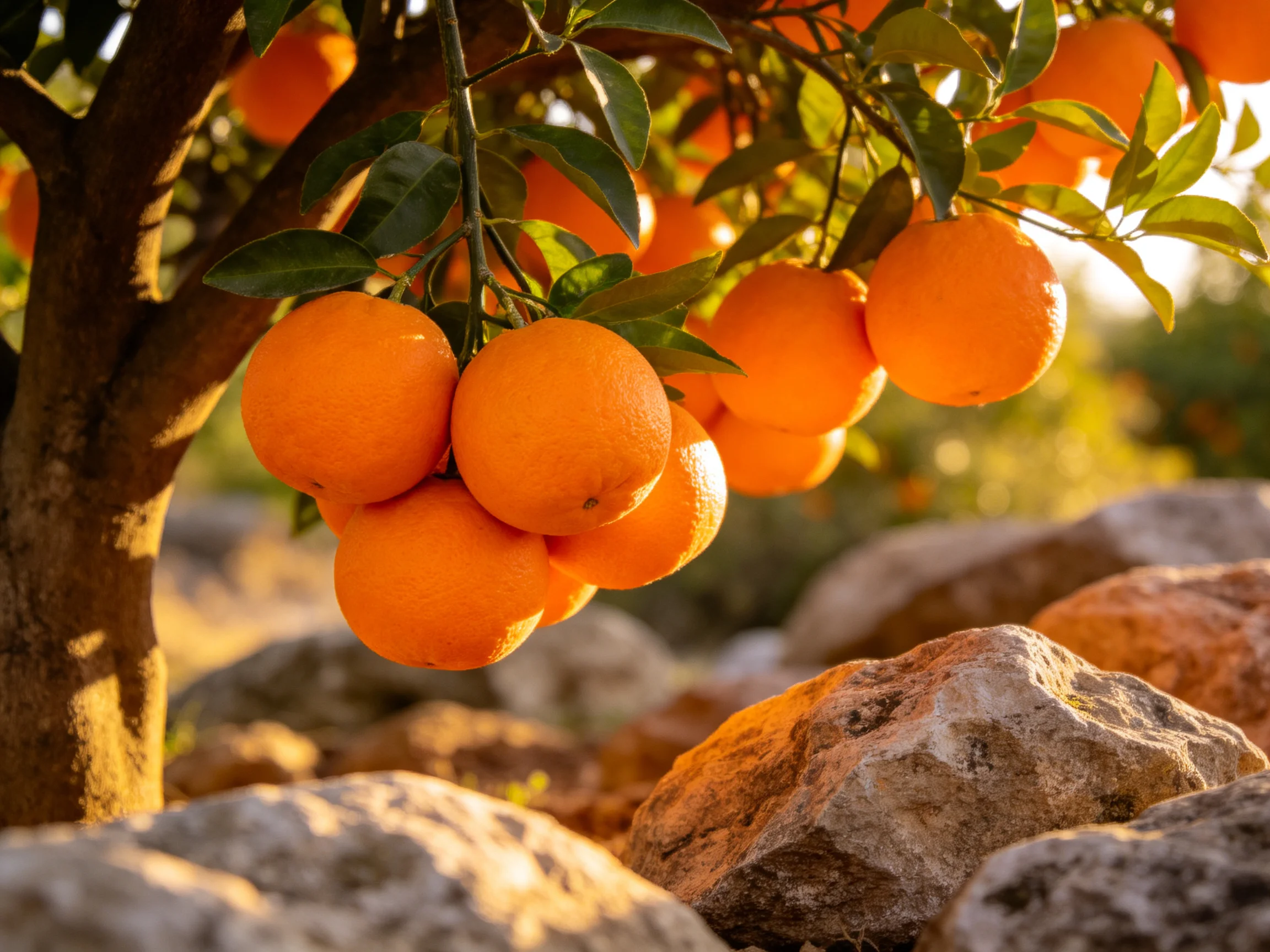 Ripe oranges cluster on a tree with green leaves near large rocks under golden sunlight
