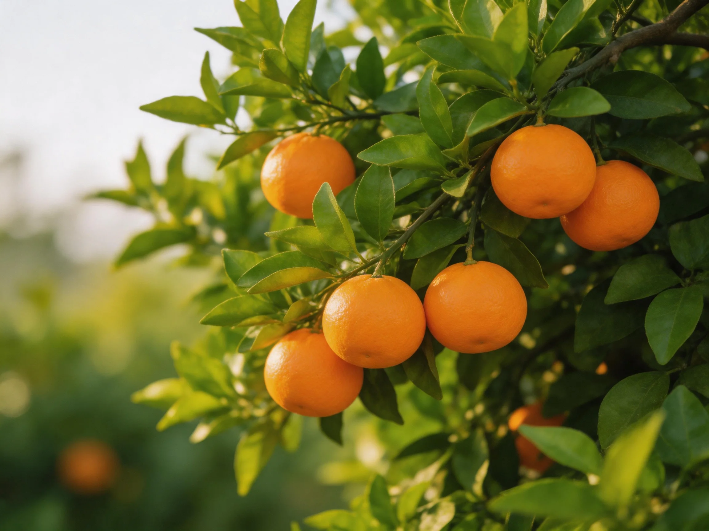 Ripe oranges hang from a lush green citrus tree branch