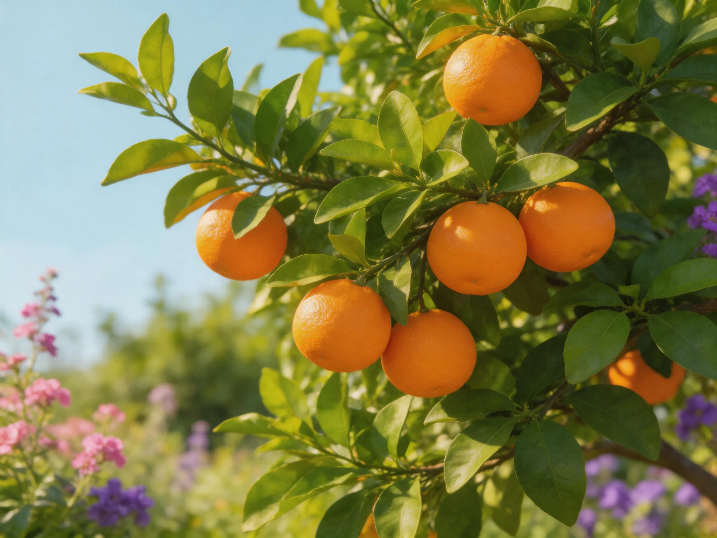 Ripe oranges hang from a lush tree amid vibrant flowers