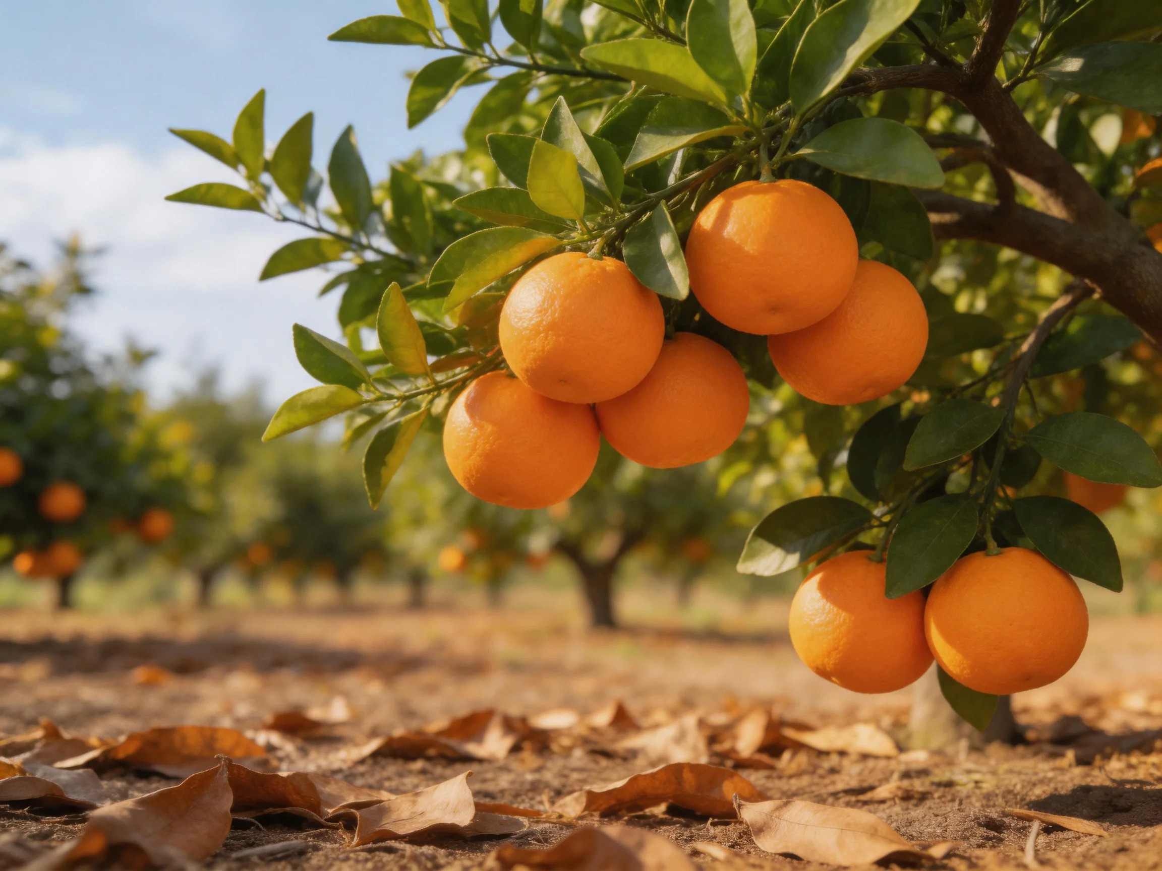 Ripe oranges hang from lush trees in a sunlit orchard