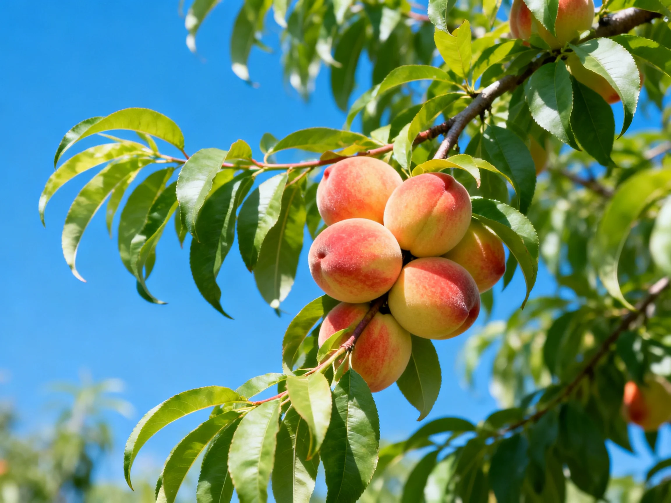 Ripe peaches cluster on a leafy branch under a bright blue sky