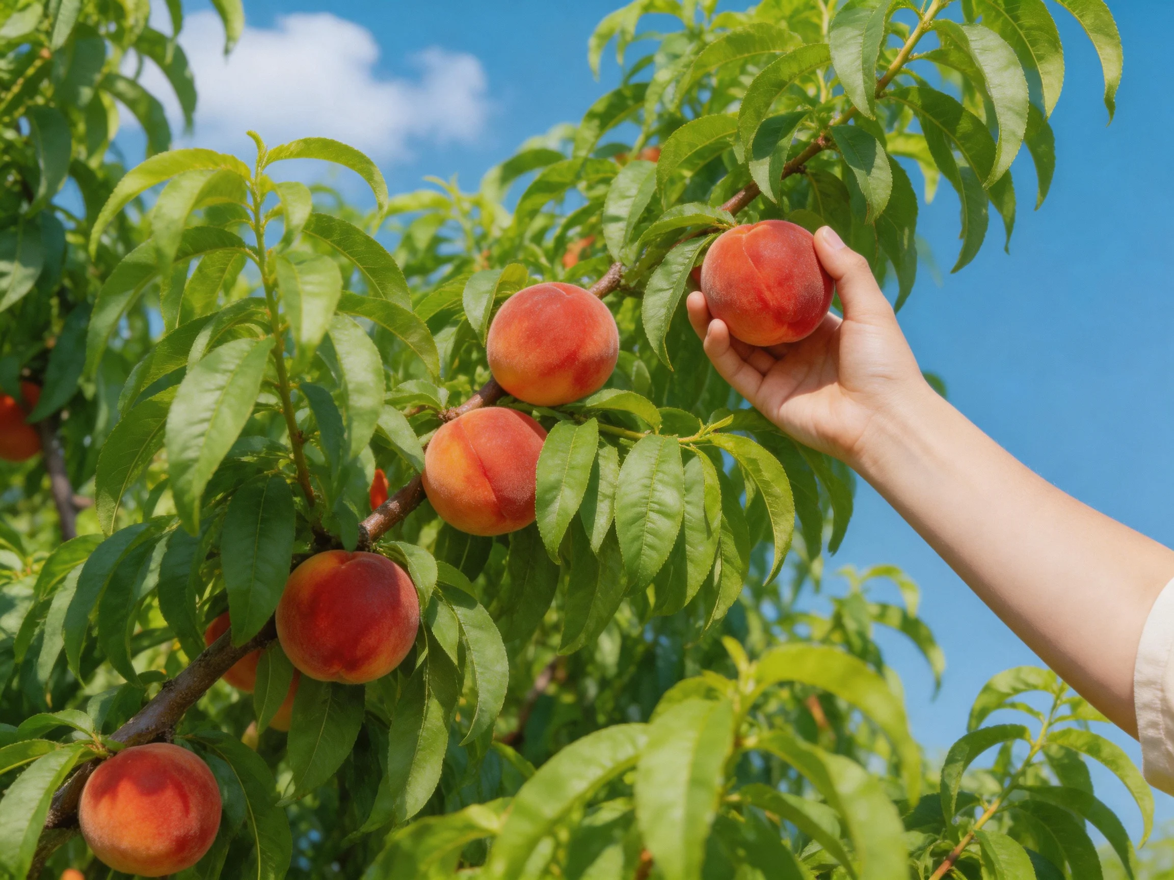 Ripe peaches hang from a lush tree branch under bright blue sky