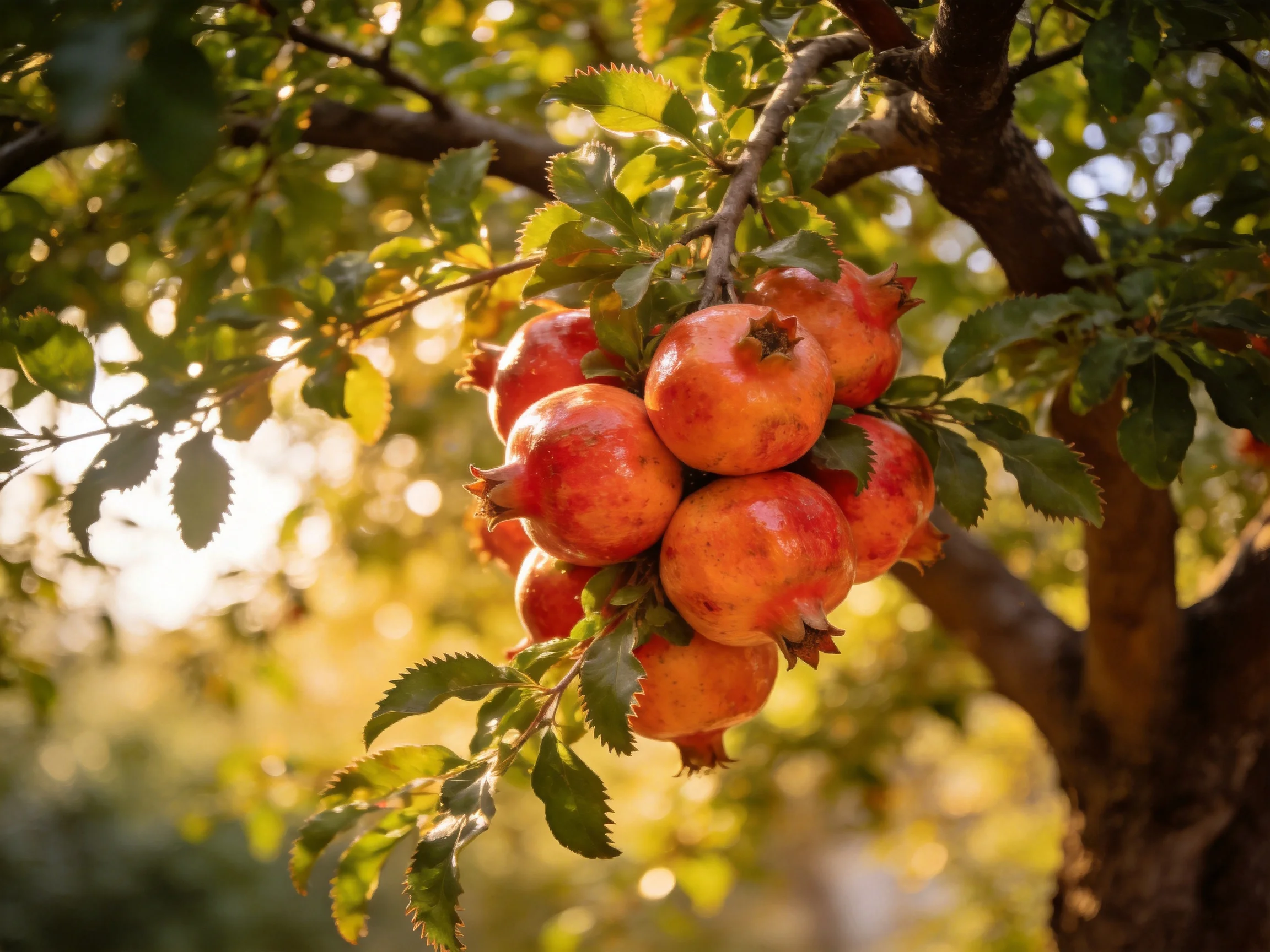 Ripe pomegranates cluster on a sunlit tree branch