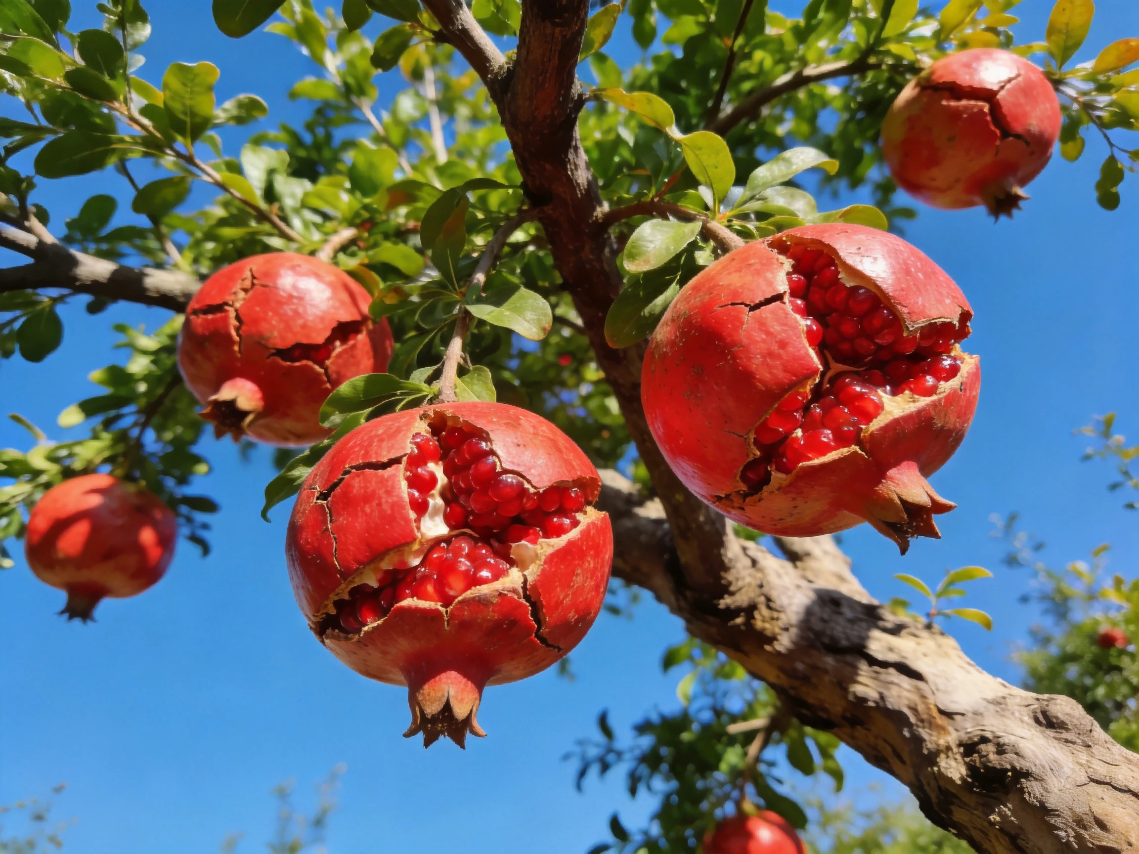 Ripe pomegranates hang from a gnarled tree against a clear blue sky