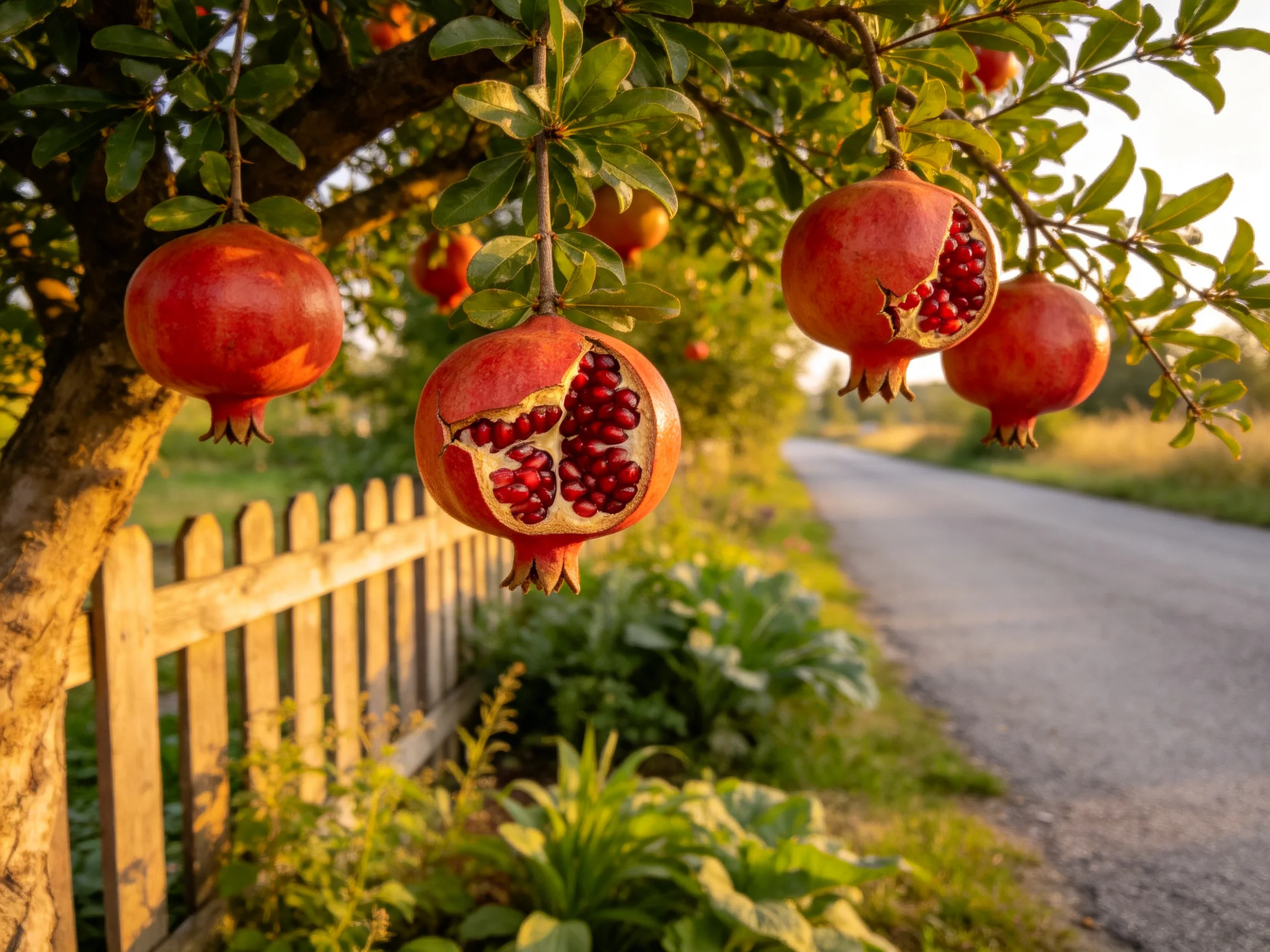 Ripe pomegranates hang from a tree near a wooden fence by a country road.