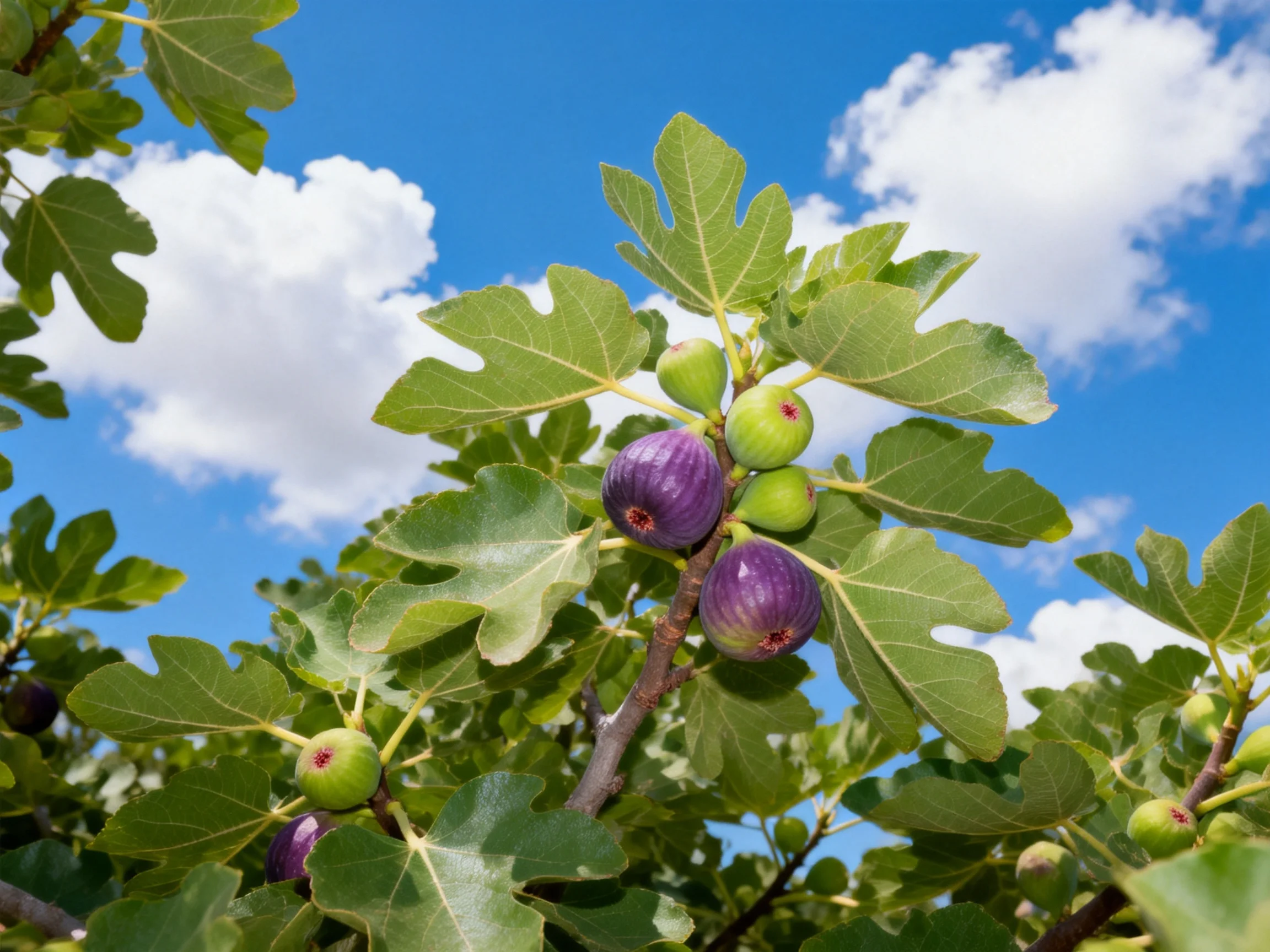 Ripe purple and unripe green figs on a leafy tree under bright blue sky