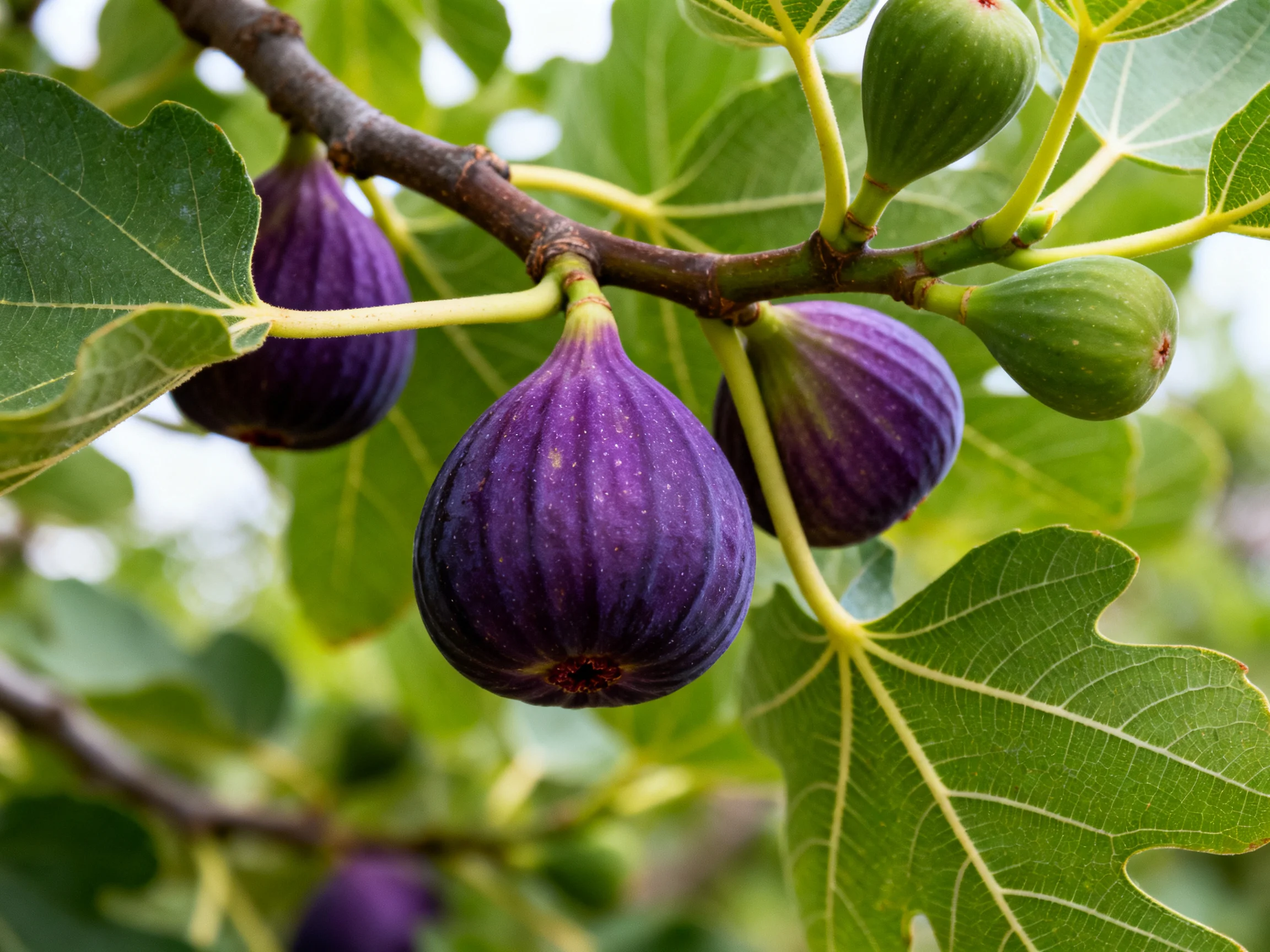 Ripe purple figs and unripe green figs hang from a leafy branch