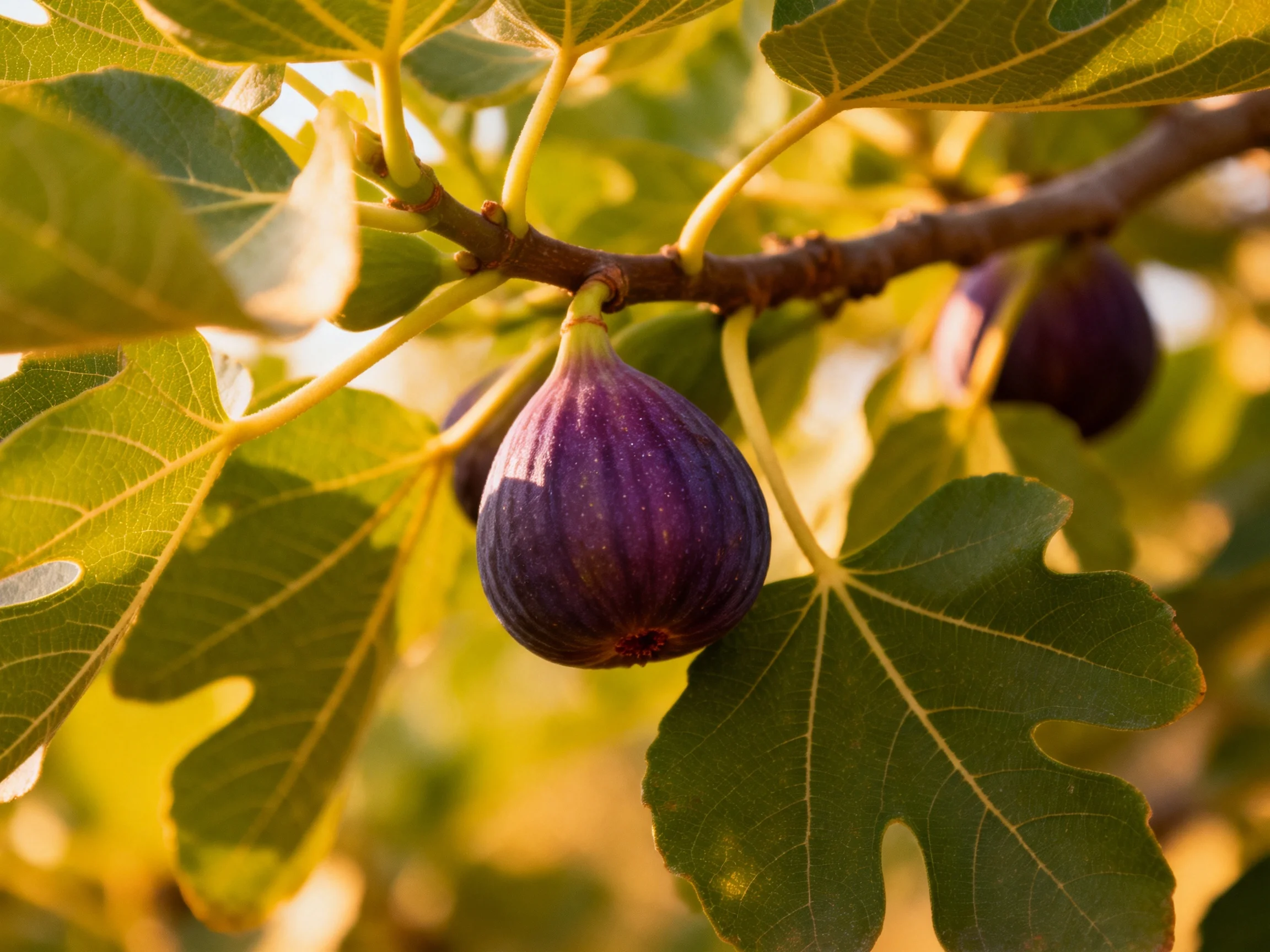 Ripe purple figs hang from a branch amid large green leaves