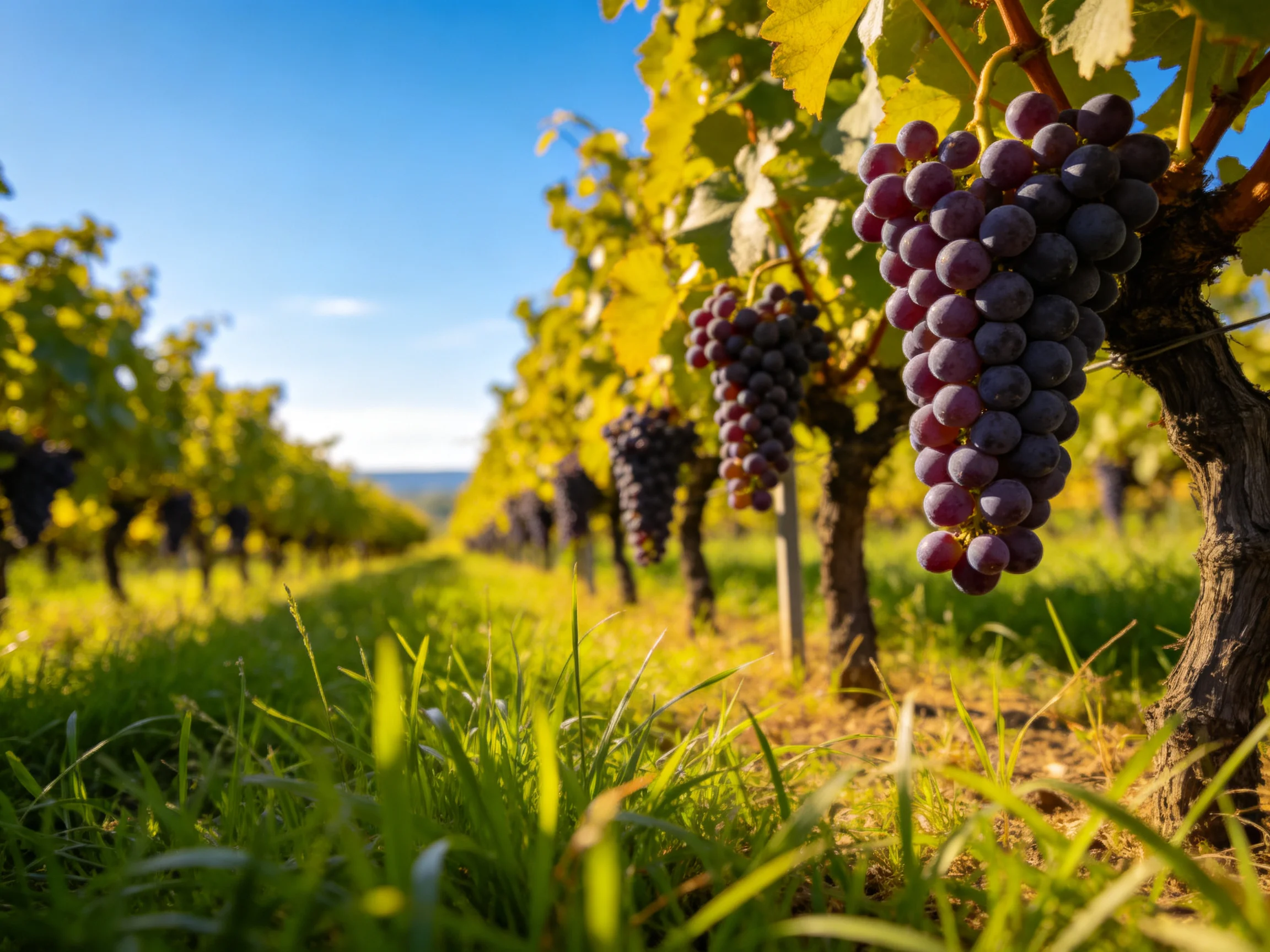 Ripe purple grapes hang from vines in a sunlit vineyard row.
