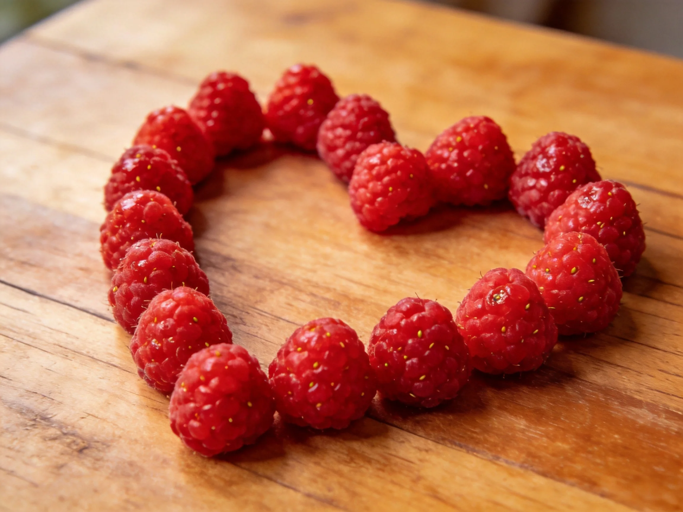 Ripe raspberries arranged in a heart shape on a wooden surface