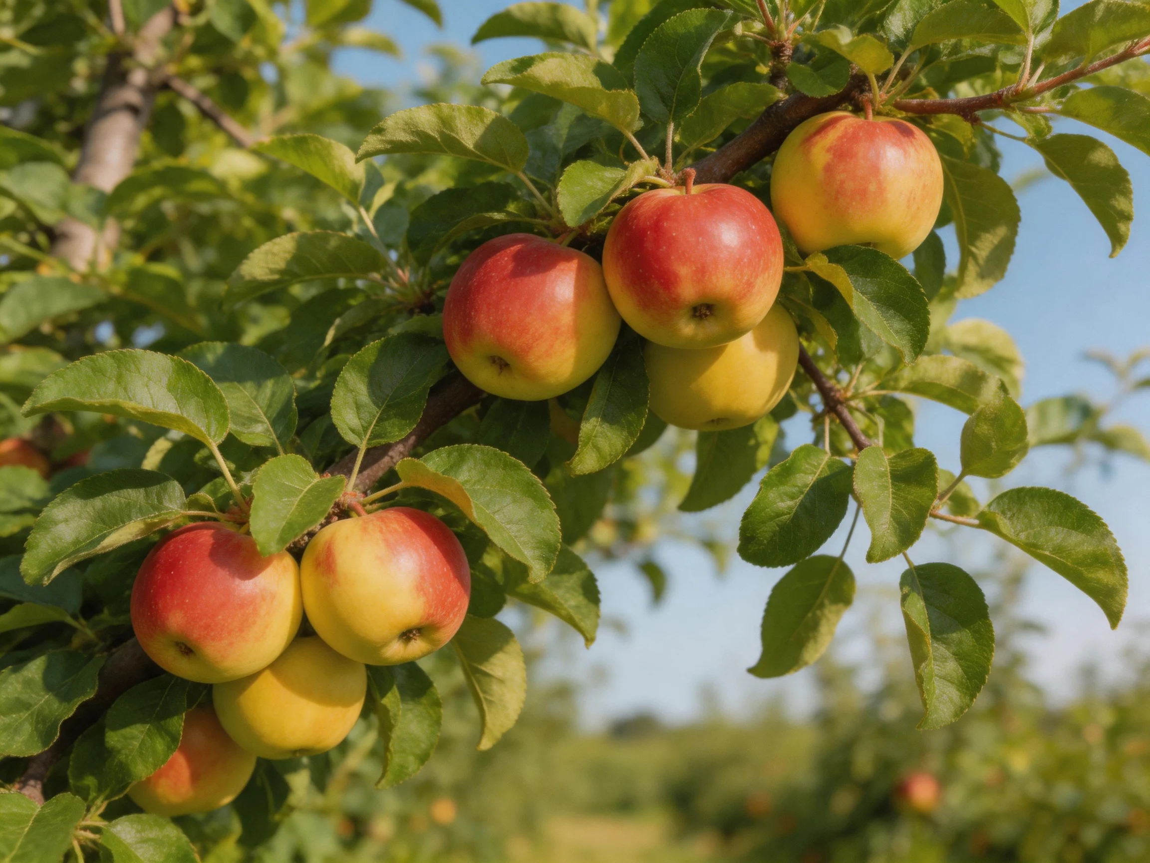 Ripe red and golden apples cluster on a leafy apple tree branch