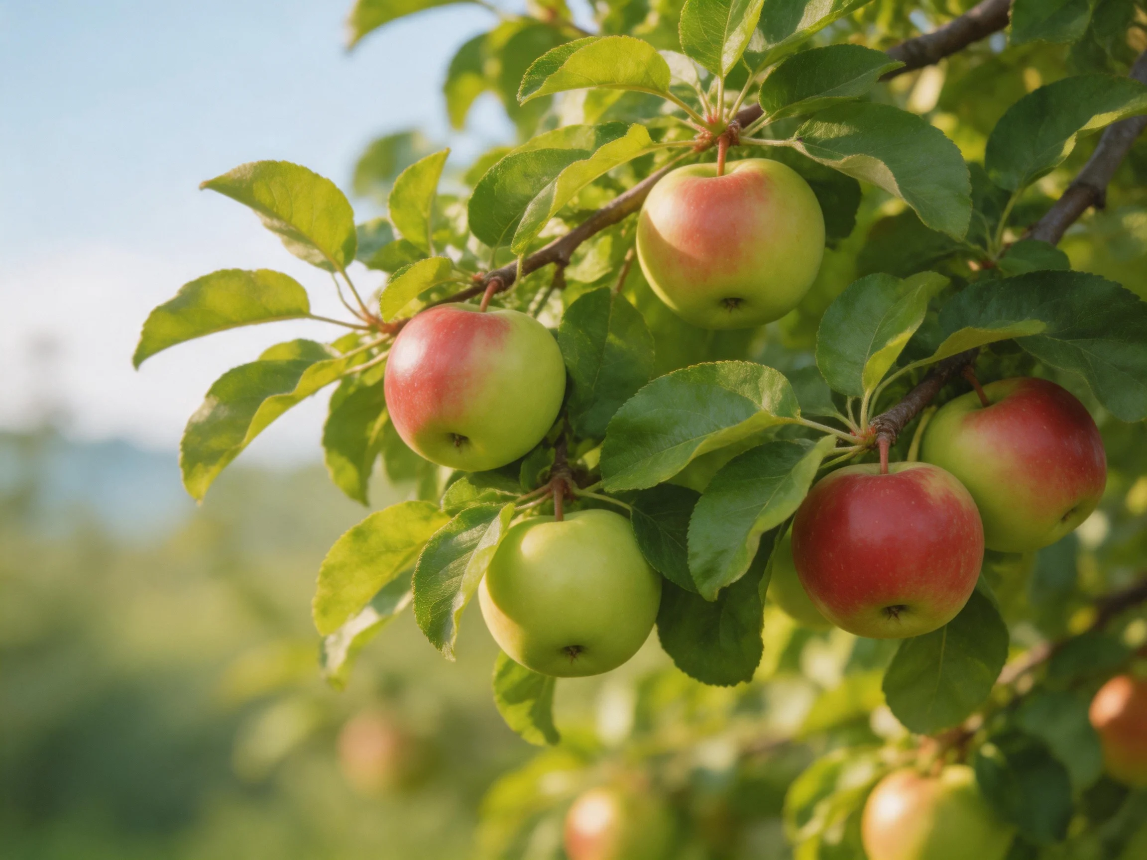 Ripe red and green apples cluster on a leafy apple tree branch