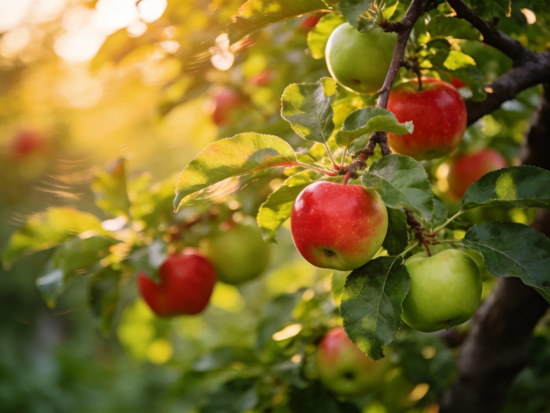 Ripe red and green apples hang from a sun-drenched apple tree branch