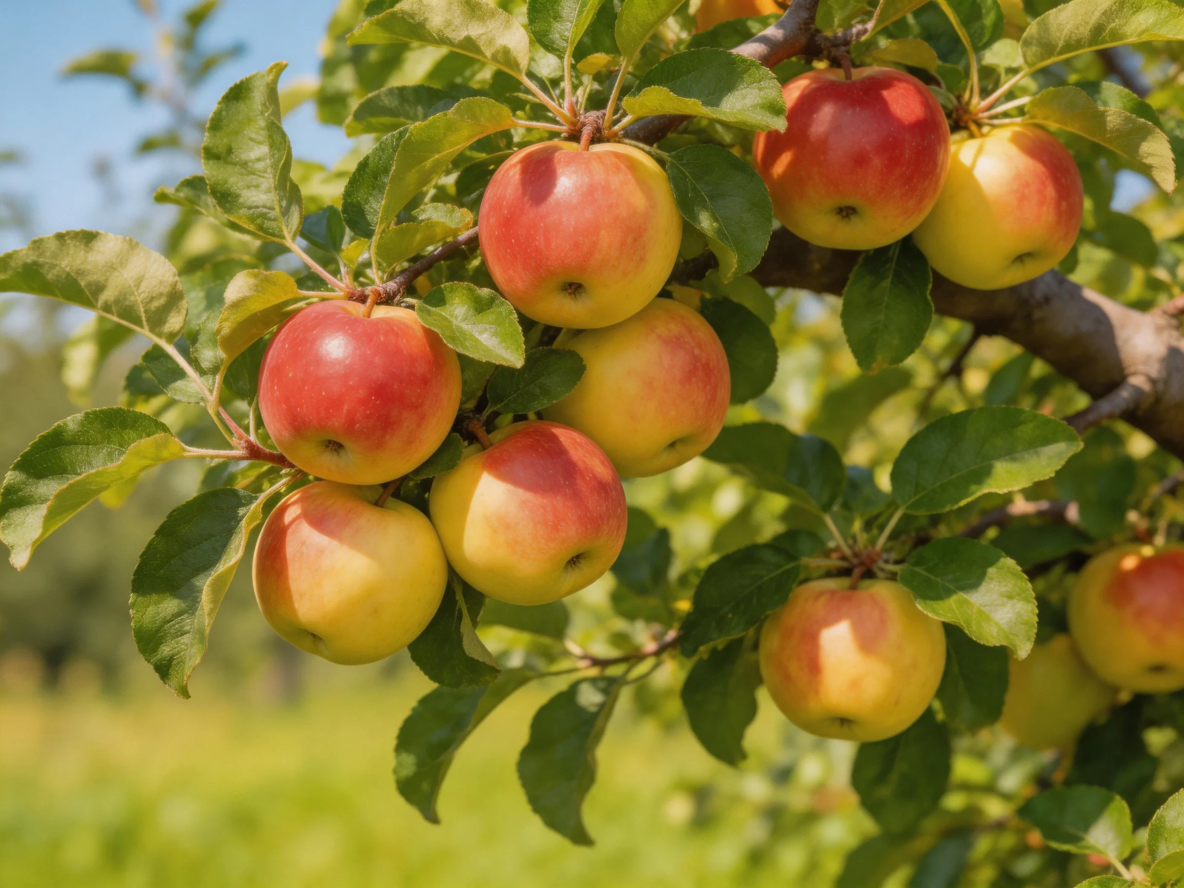 Ripe red and yellow apples clustered on sunlit apple tree branches