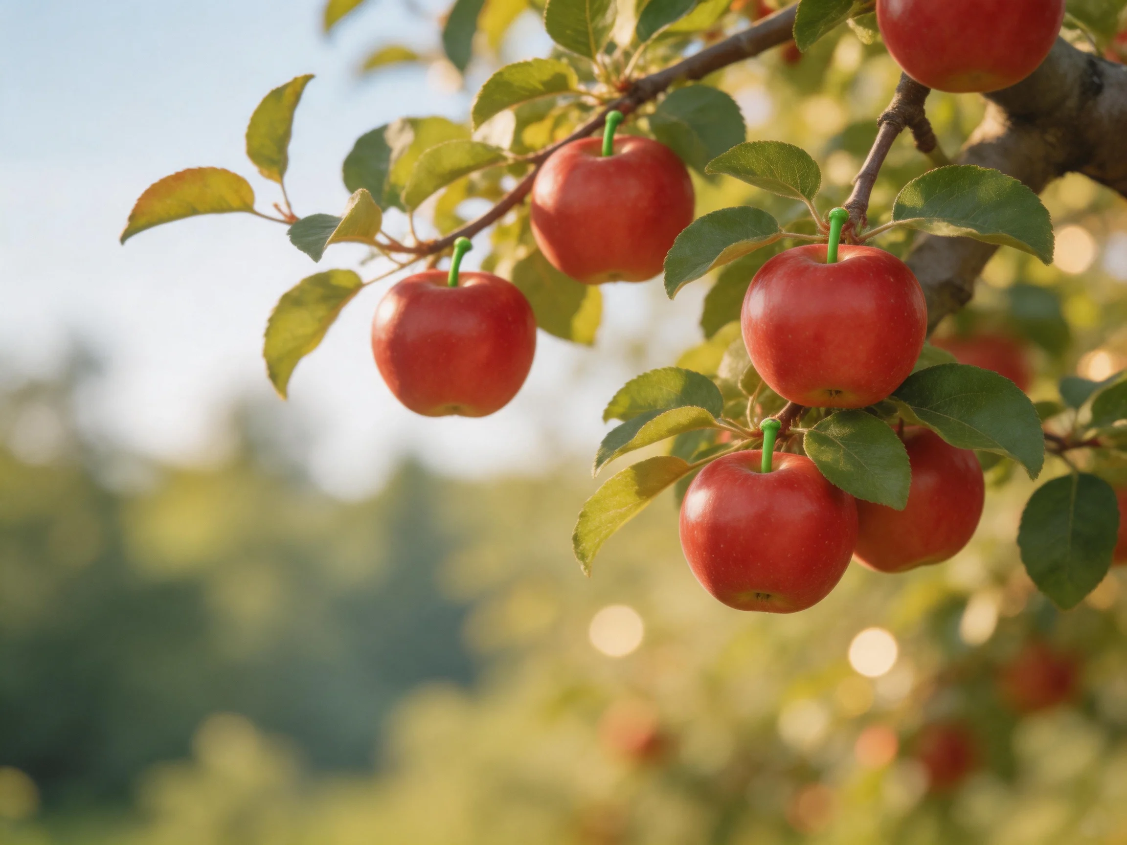 Ripe red apples hang from a sun-dappled apple tree branch