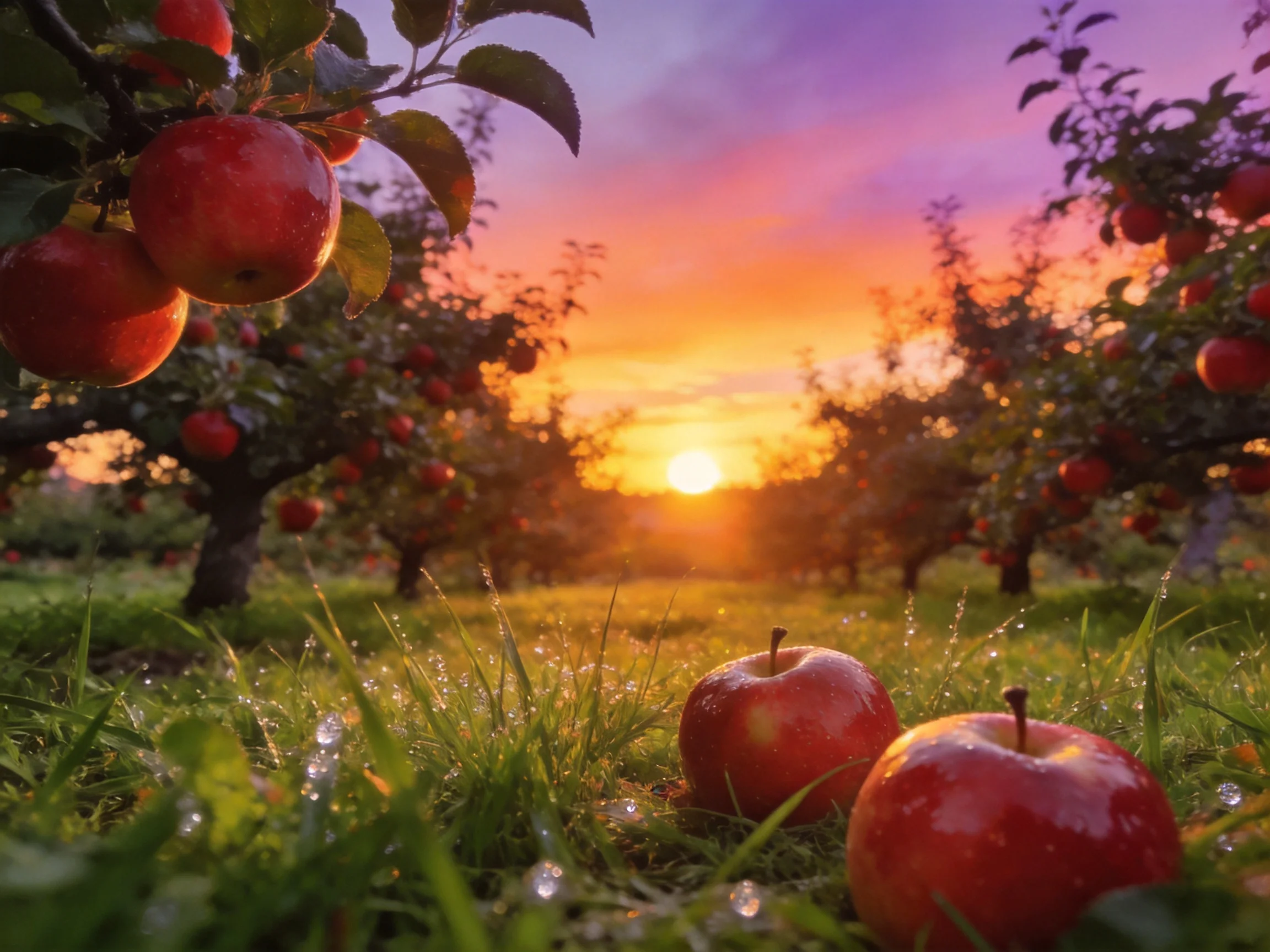 Ripe red apples in a colorful sunset apple orchard