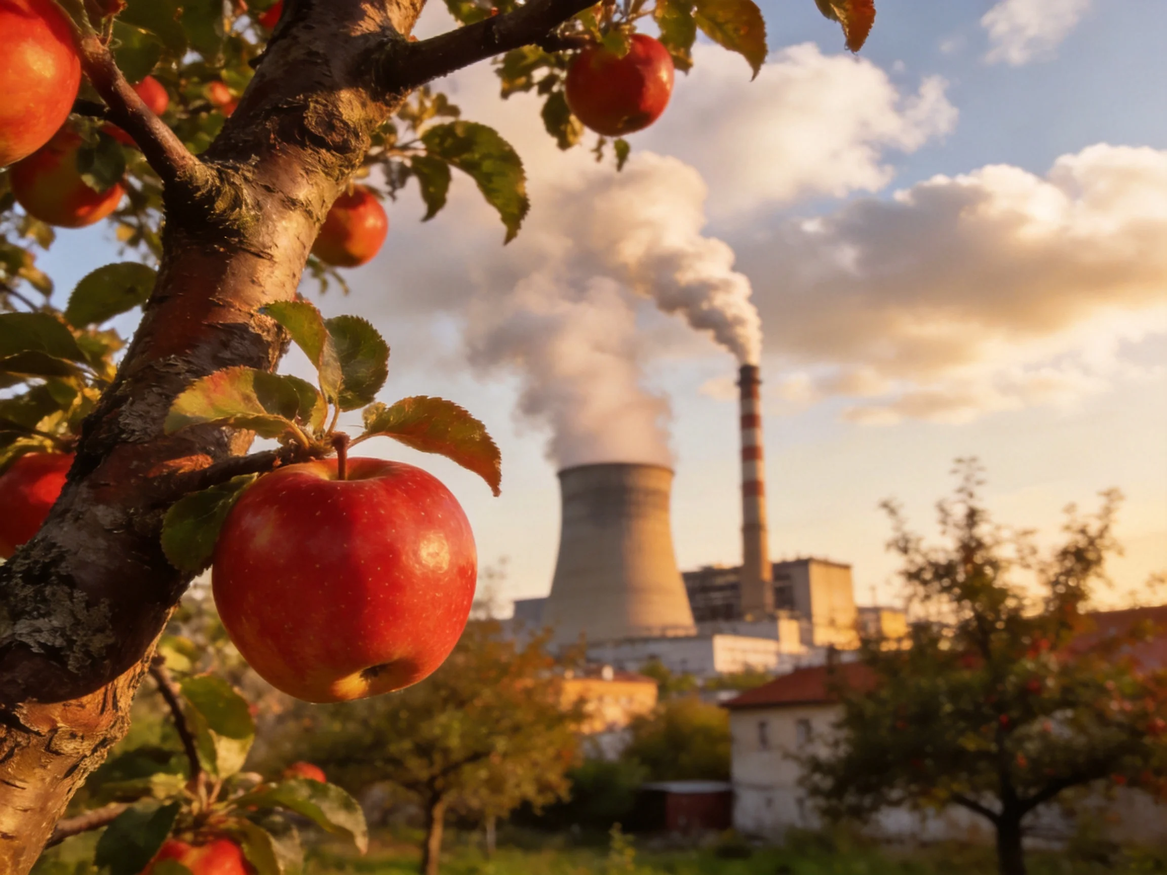 Ripe red apples on a tree near an industrial power plant with smokestacks