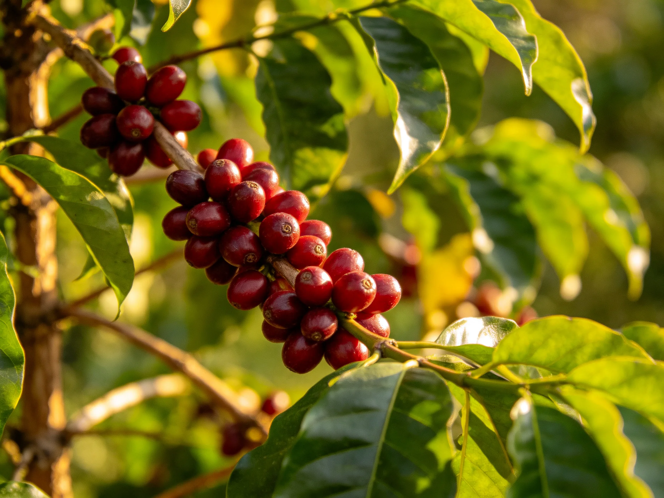 Ripe red coffee cherries cluster among glossy green leaves