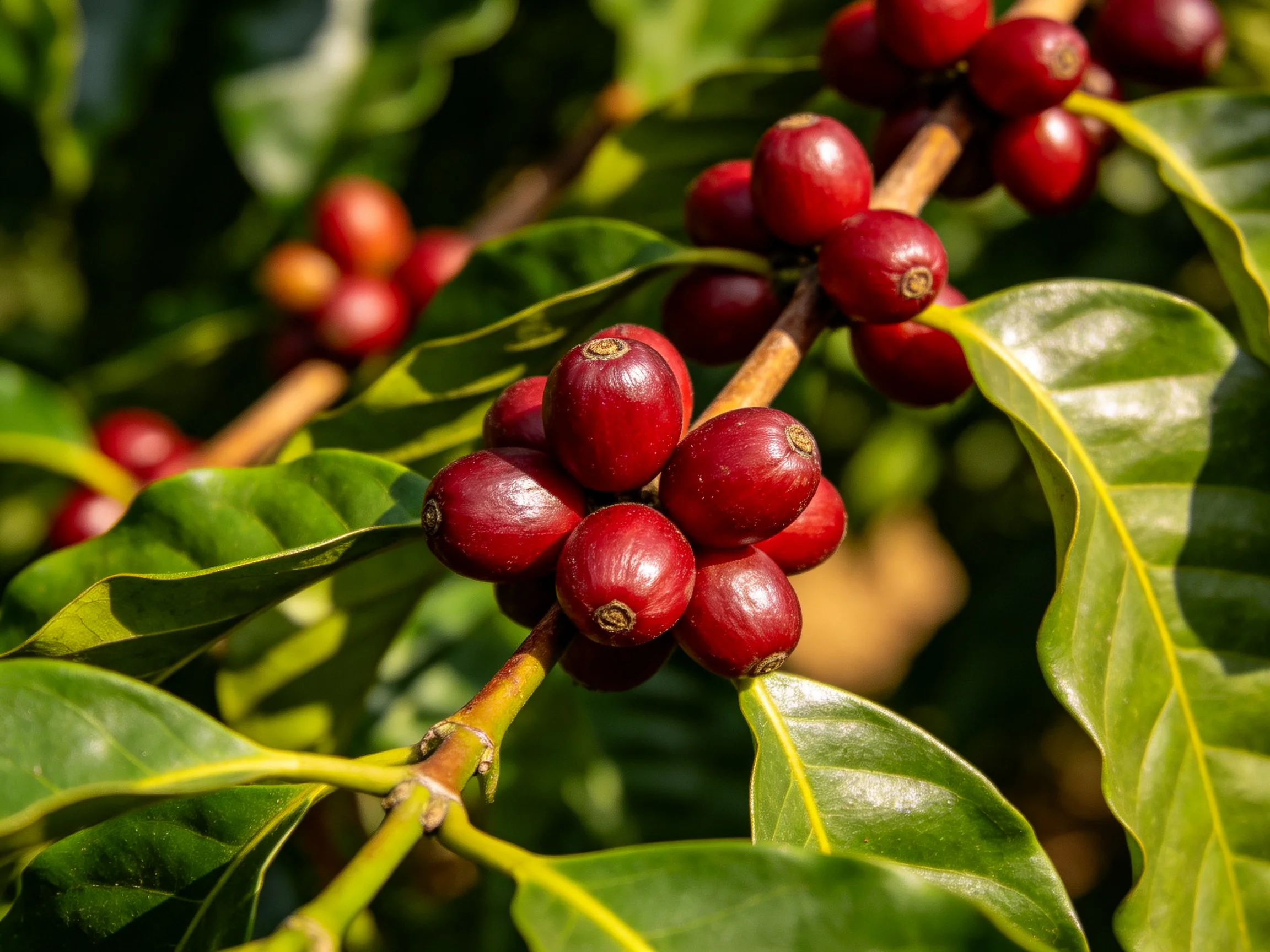 Ripe red coffee cherries cluster on vibrant green foliage